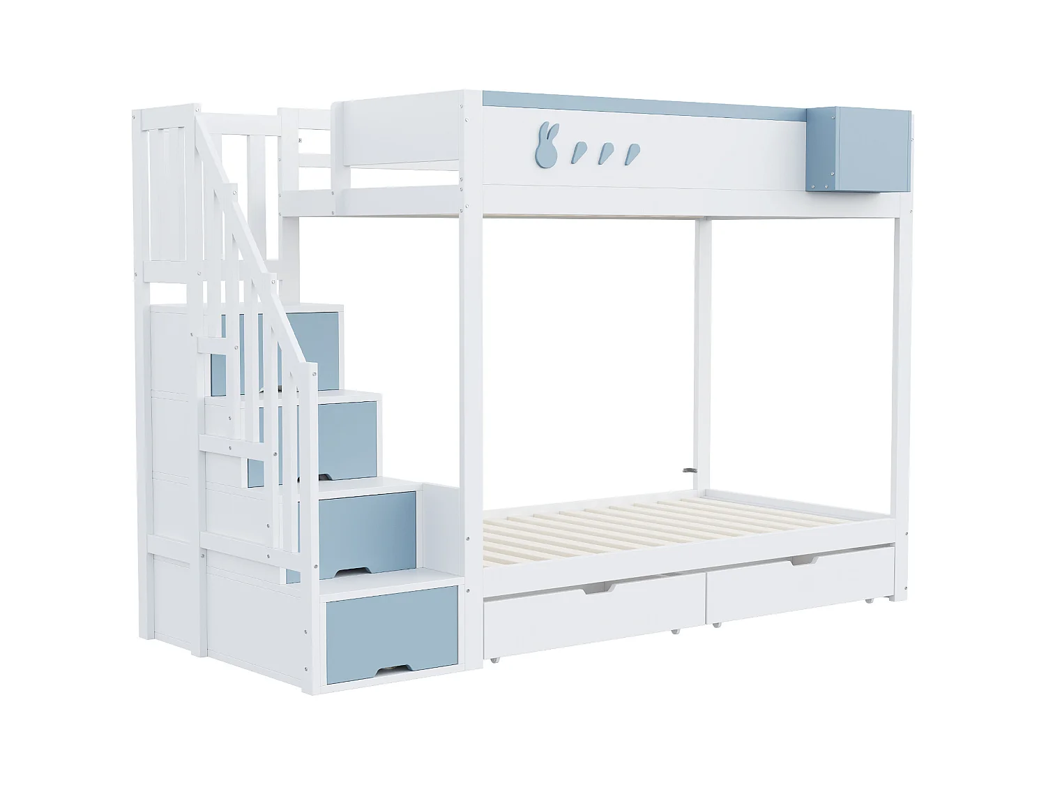 Kinder stapelbed 90x200 cm - afneembare opbergkist - veiligheidsladder - met 2 lades - wit + blau
