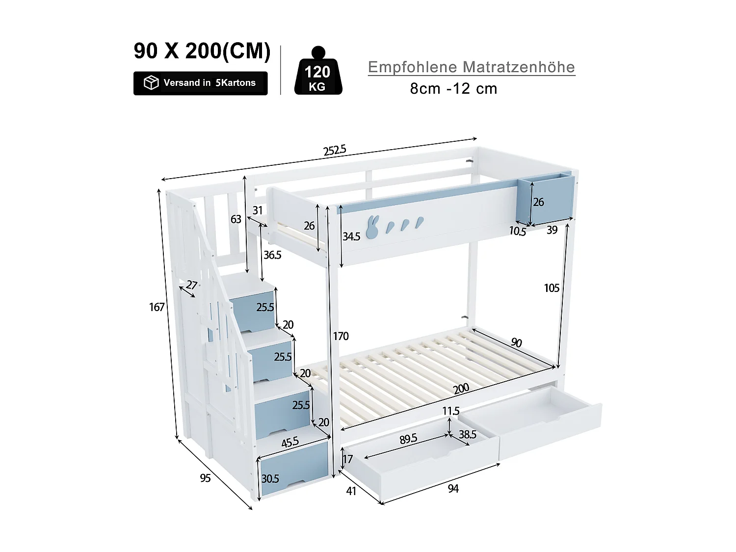 Letto a castello per bambini 90x200 cm - cassa di immagazzinamento removibile - scala di sicurezza - con 2 cassetti - bianco + blu