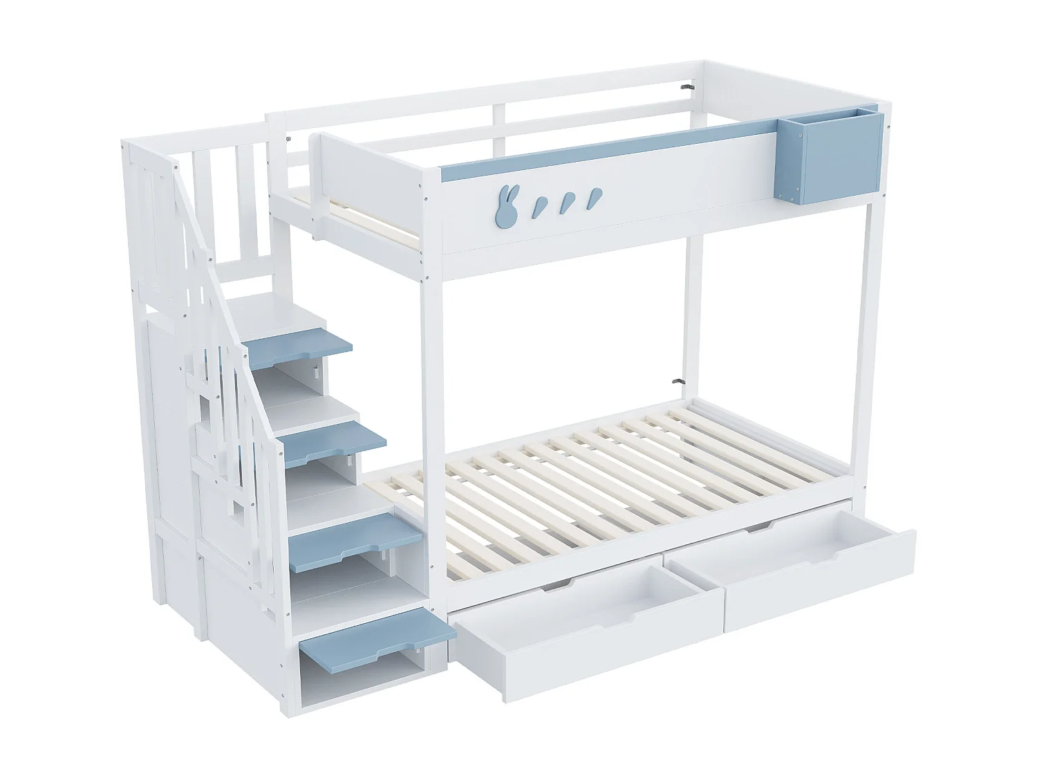 Letto a castello per bambini 90x200 cm - cassa di immagazzinamento removibile - scala di sicurezza - con 2 cassetti - bianco + blu