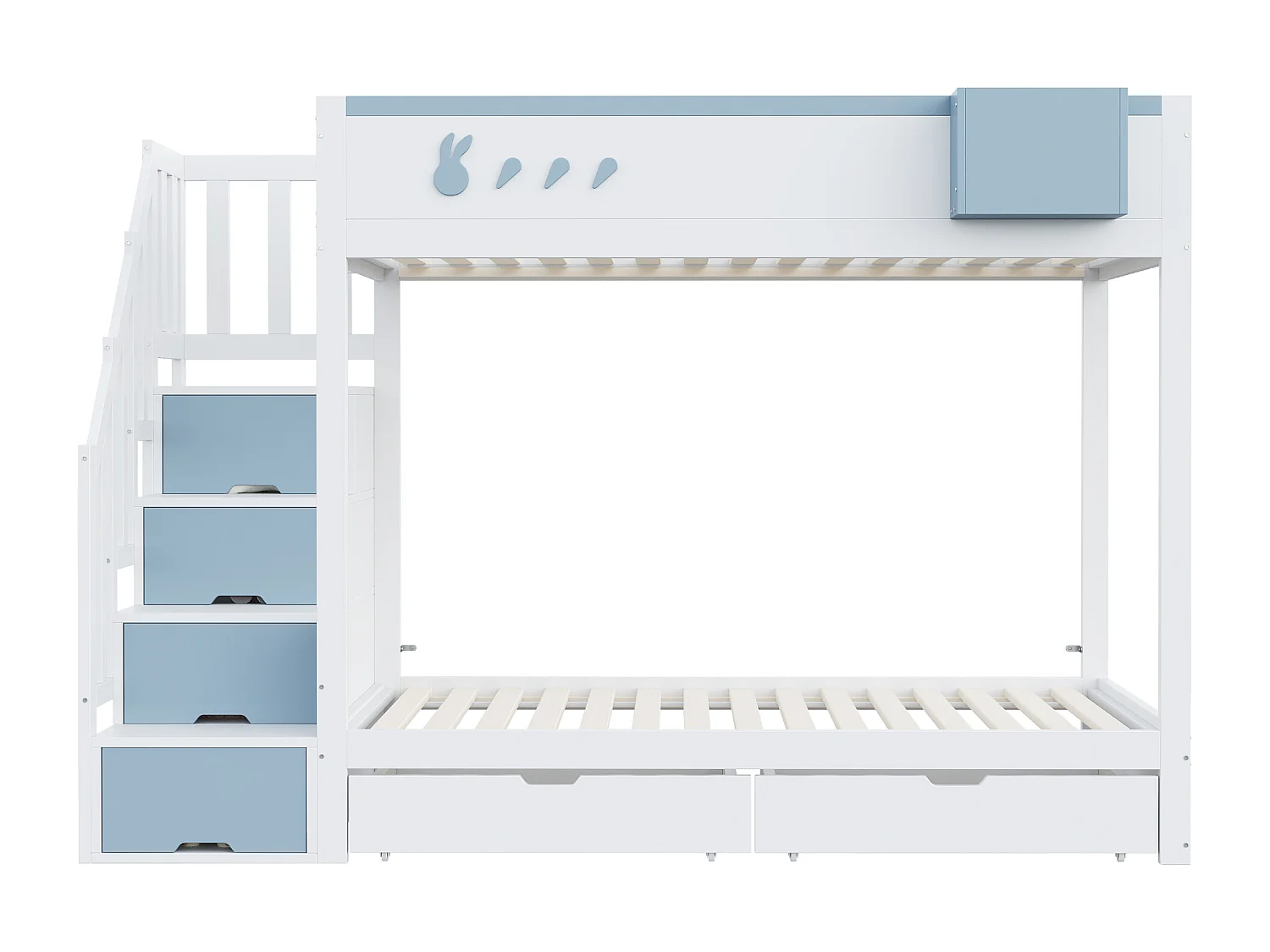Letto a castello per bambini 90x200 cm - cassa di immagazzinamento removibile - scala di sicurezza - con 2 cassetti - bianco + blu