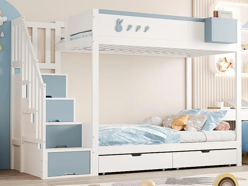Lit superposé enfant 90x200 cm - coffre de rangement amovible - échelle de sécurité - avec 2 tiroirs - blanc + bleu