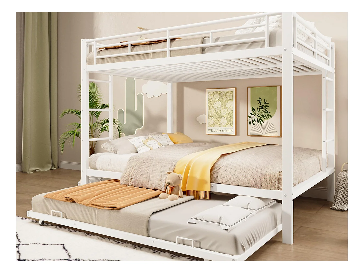 Lit superposé 140x200 cm - avec lit gigogne - Barrières hautes - blanc (matelas non inclus)