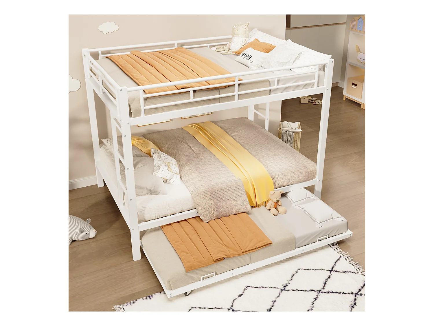 Lit superposé 140x200 cm - avec lit gigogne - Barrières hautes - blanc (matelas non inclus)