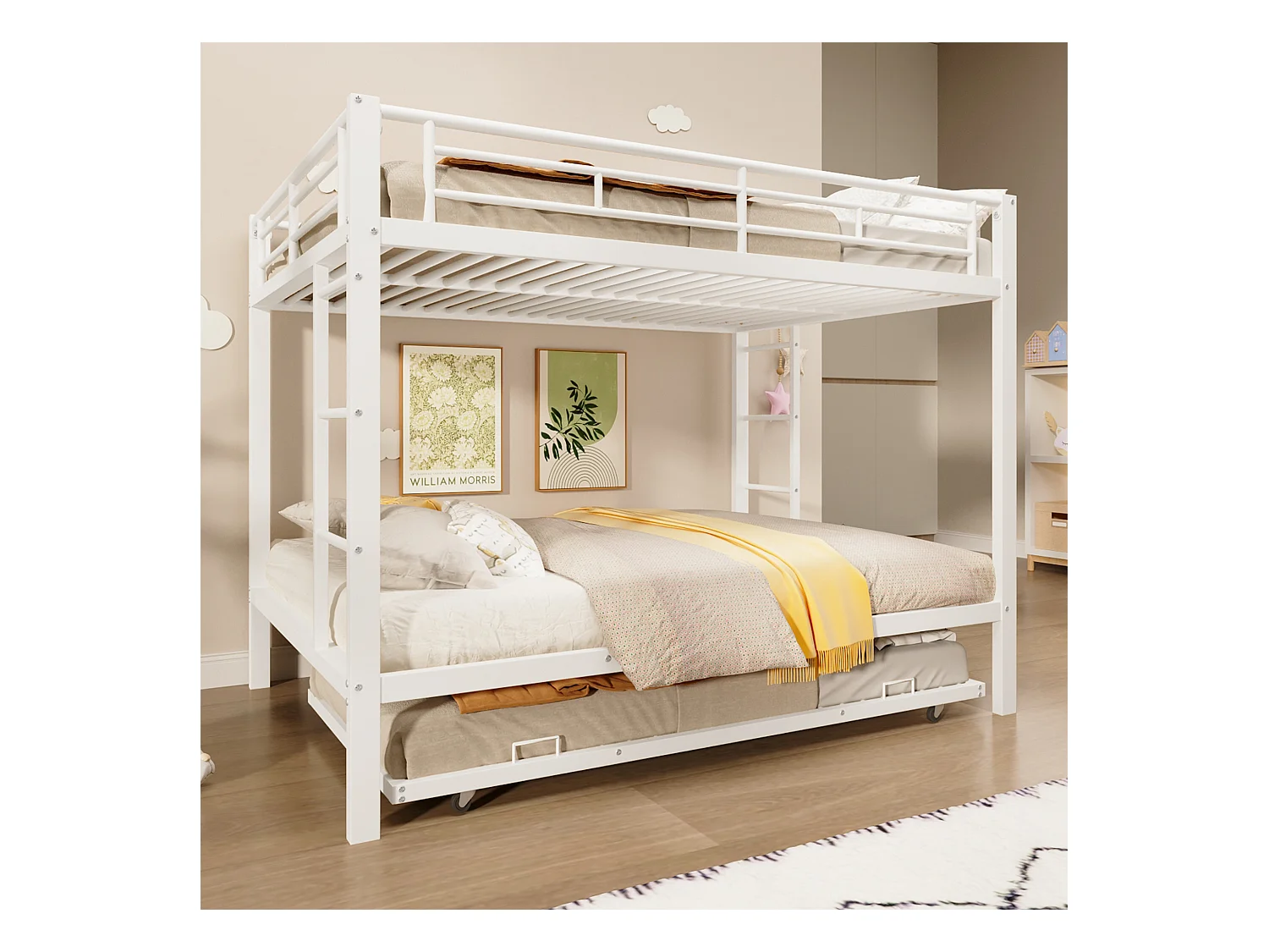 Lit superposé 140x200 cm - avec lit gigogne - Barrières hautes - blanc (matelas non inclus)