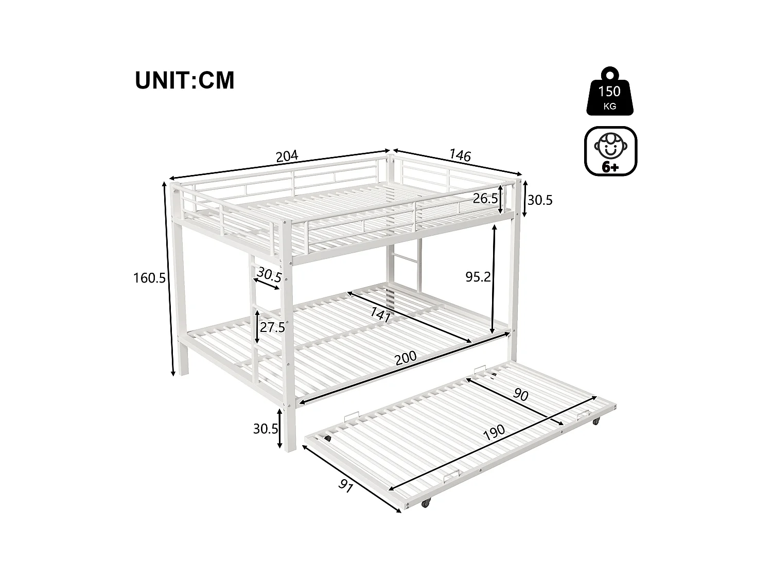 Lit superposé 140x200 cm - avec lit gigogne - Barrières hautes - blanc (matelas non inclus)
