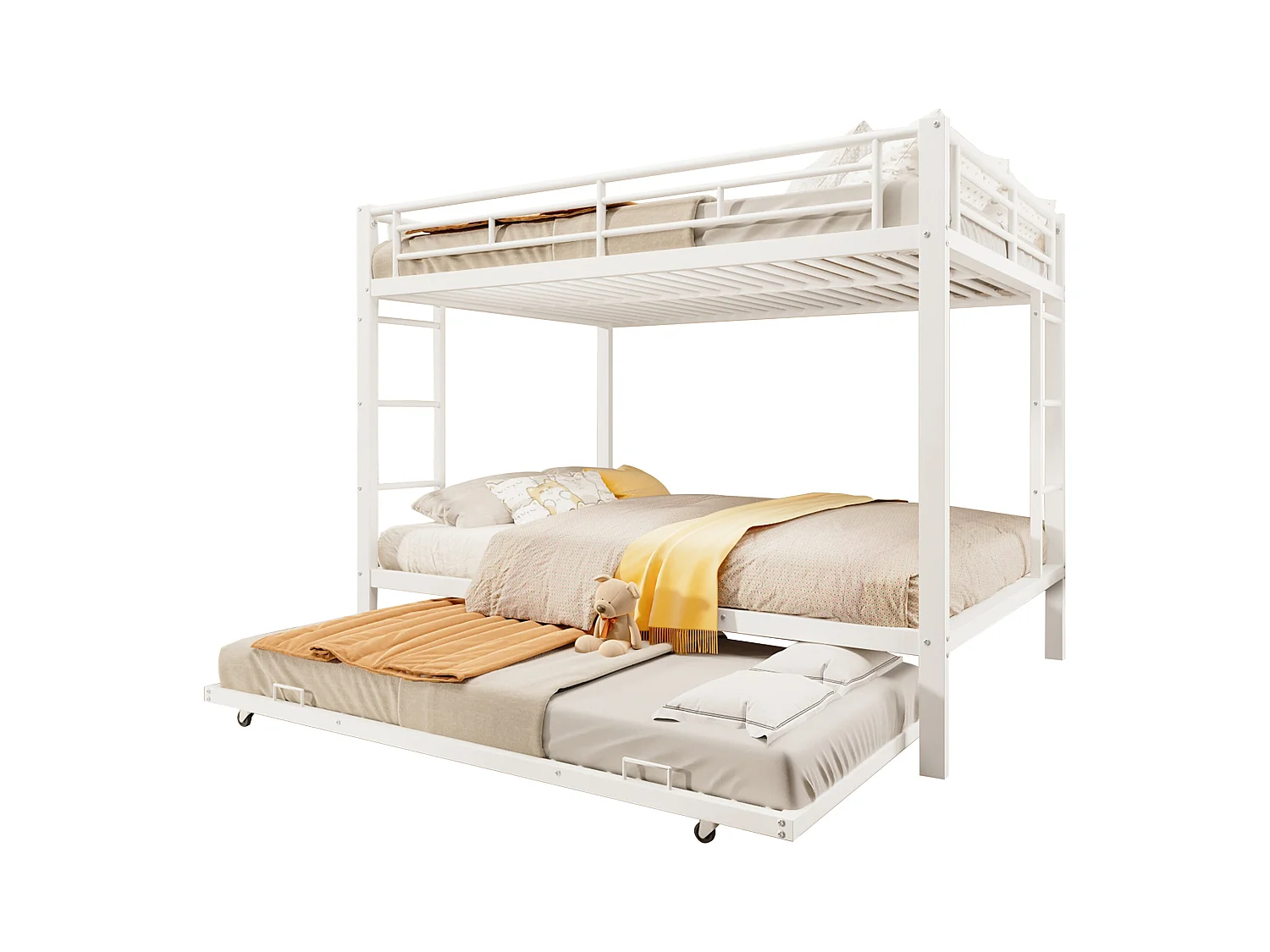 Lit superposé 140x200 cm - avec lit gigogne - Barrières hautes - blanc (matelas non inclus)