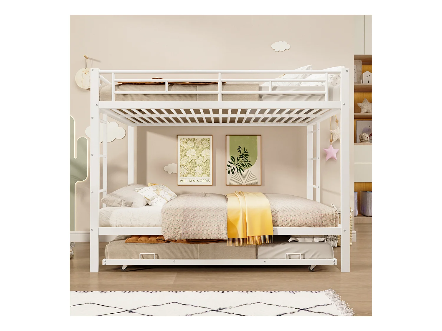 Lit superposé 140x200 cm - avec lit gigogne - Barrières hautes - blanc (matelas non inclus)