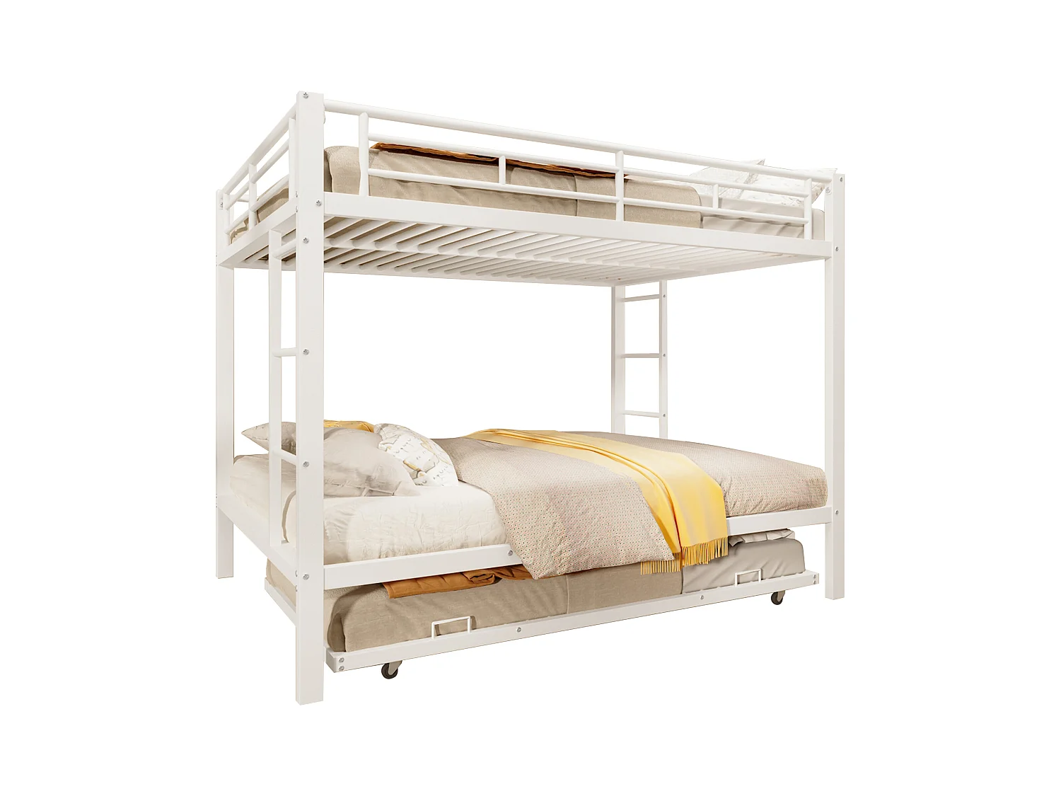 Lit superposé 140x200 cm - avec lit gigogne - Barrières hautes - blanc (matelas non inclus)