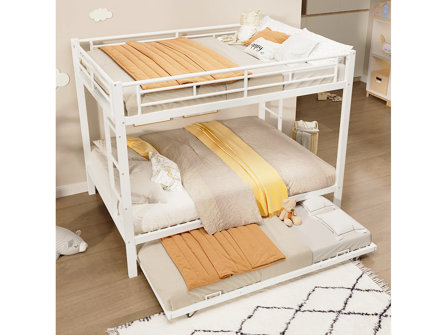 Lit superposé 140x200 cm - avec lit gigogne - Barrières hautes - blanc (matelas non inclus)