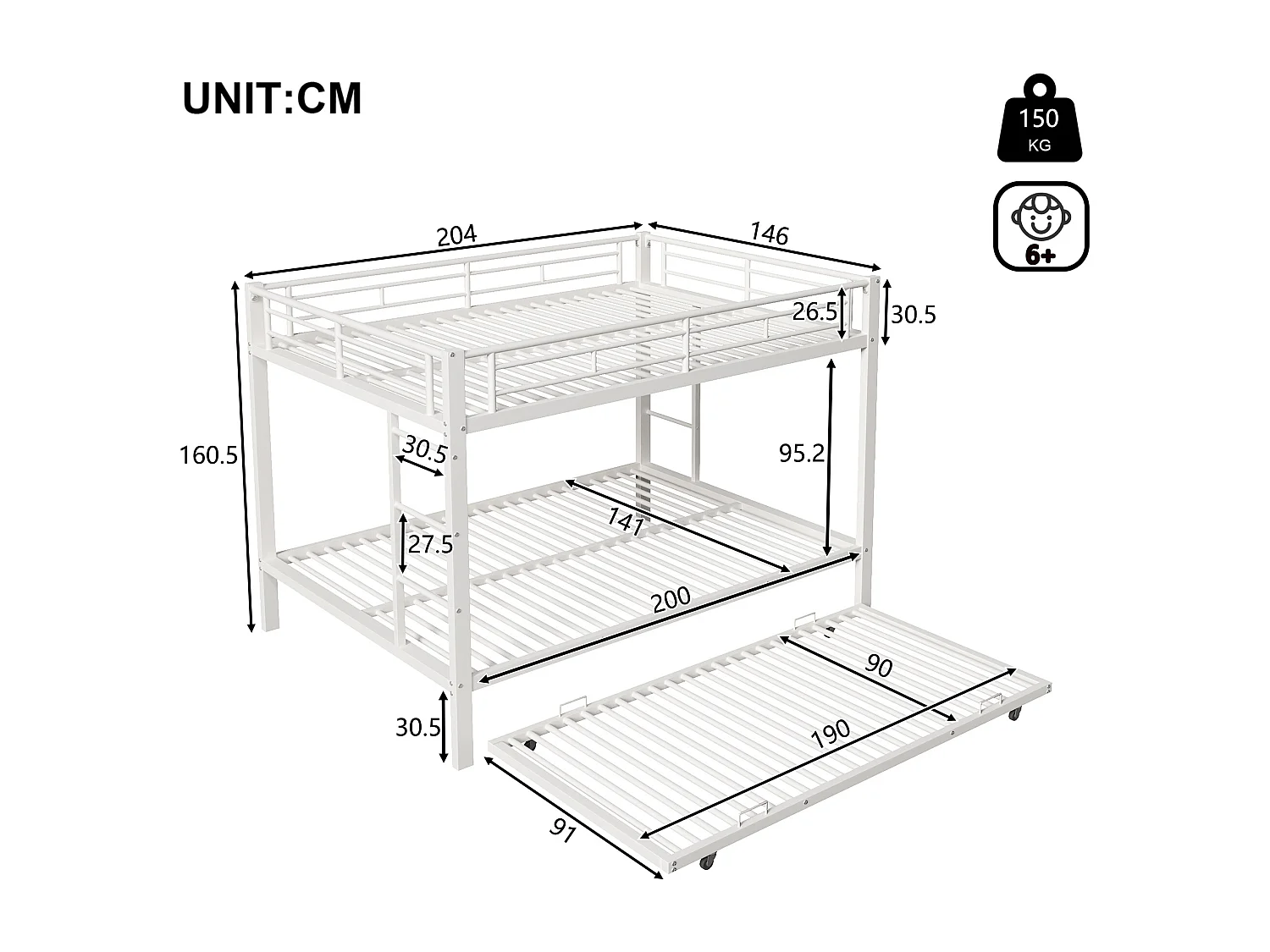 Lit superposé 140x200 cm - avec lit gigogne - Barrières hautes - blanc (matelas non inclus)