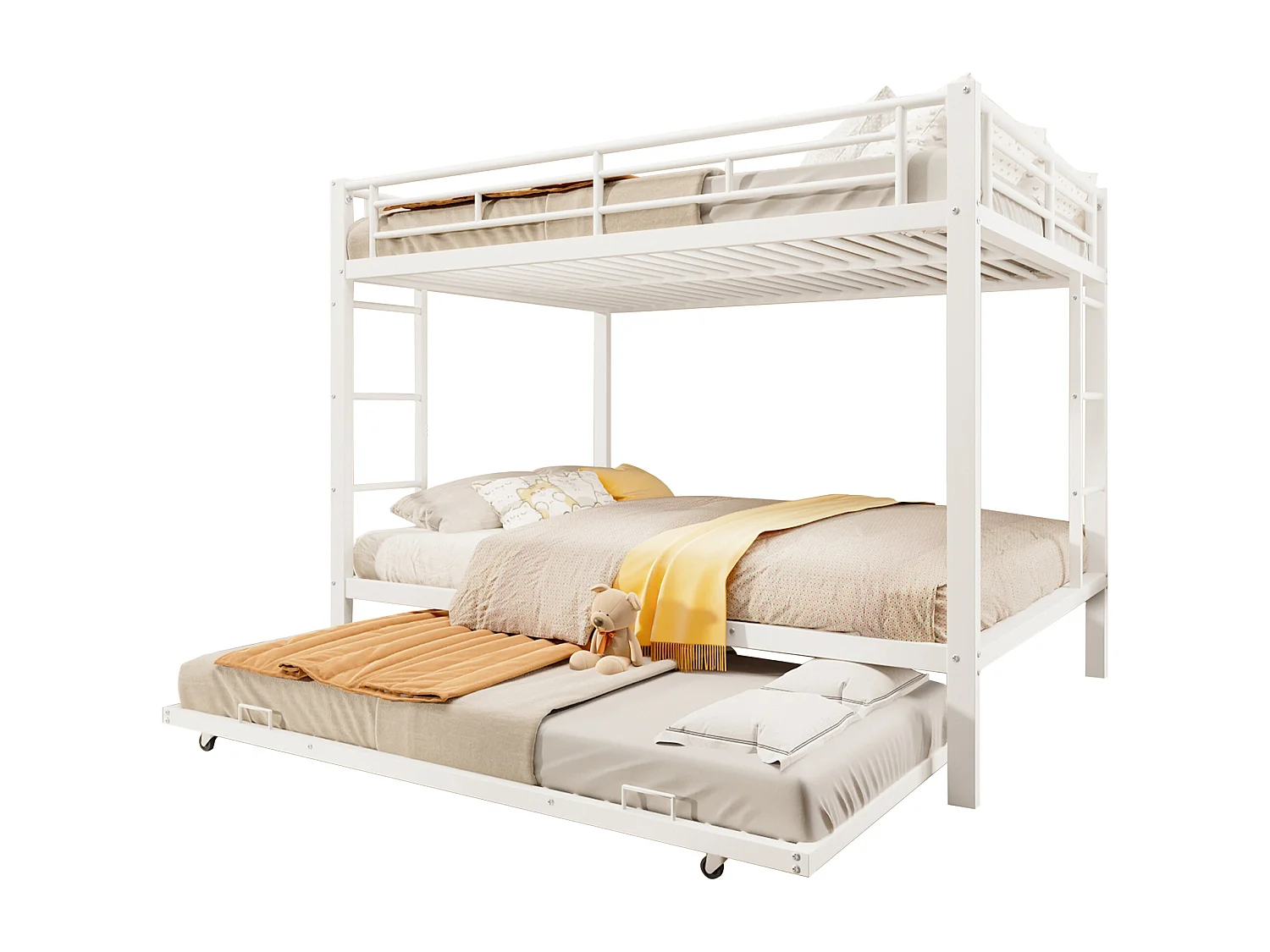 Lit superposé 140x200 cm - avec lit gigogne - Barrières hautes - blanc (matelas non inclus)