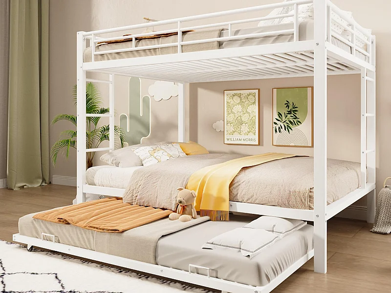 Lit superposé 140x200 cm - avec lit gigogne - Barrières hautes - blanc (matelas non inclus)