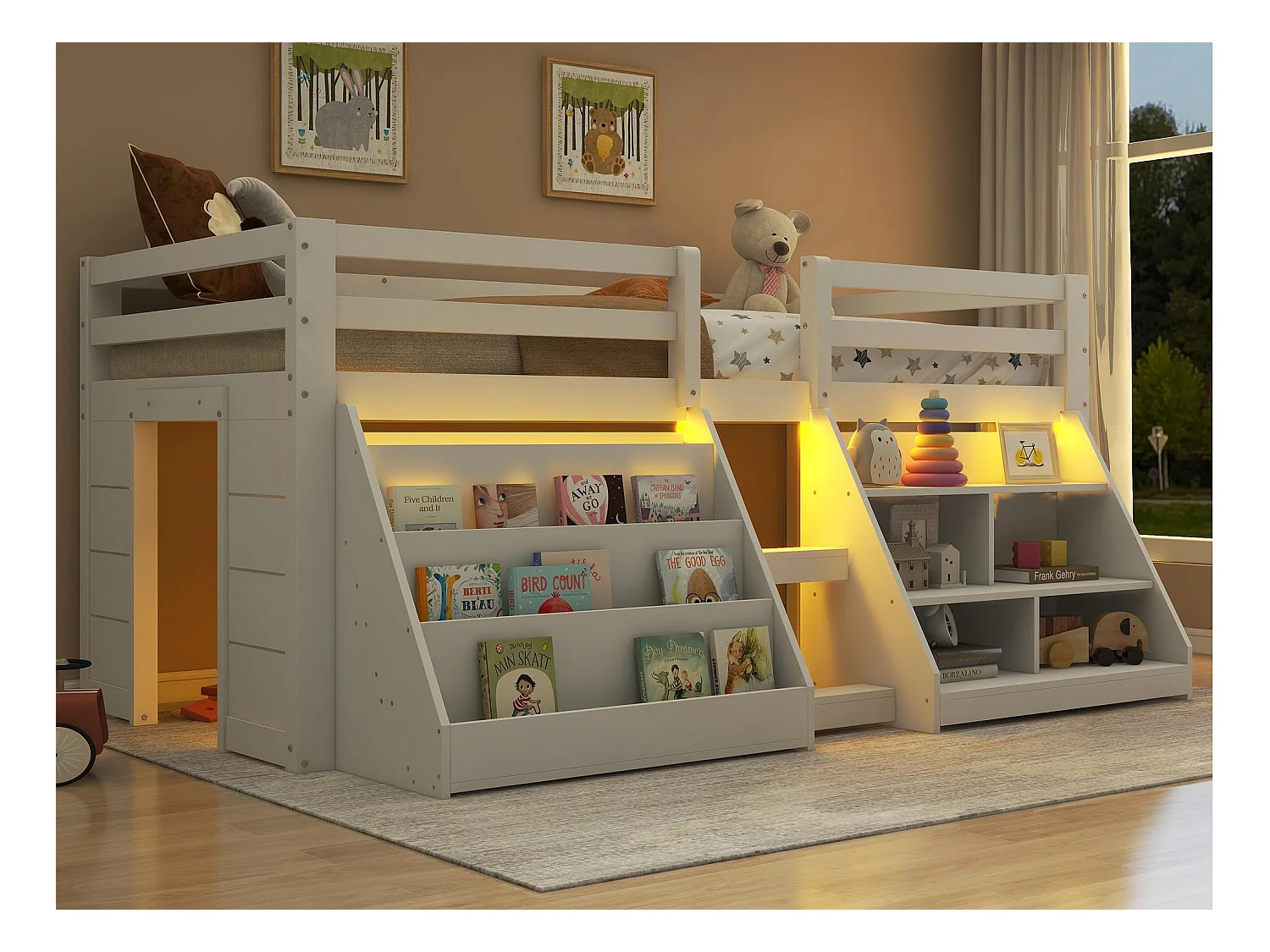Lit enfant 90x200 cm - avec étagère de rangement - avec barrières + échelle - blanc (matelas non inclus)