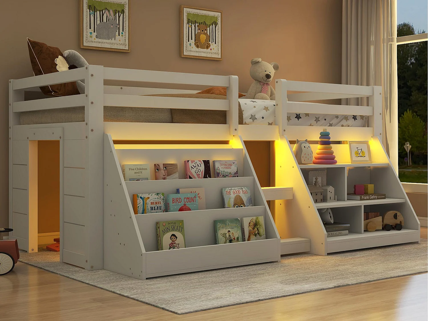 Children's Bed 90x200cm - with LED Lighting - with Storage Shelf - with Guardrails + Ladder - White (Mattress Not Included)