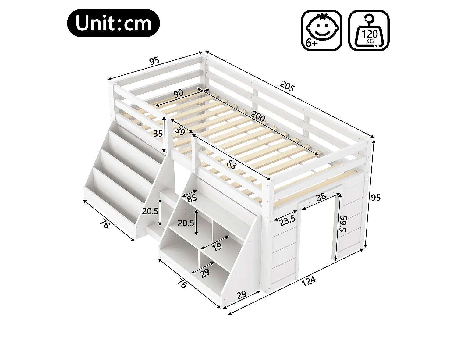 Letto per bambini 90x200 cm - con illuminazione LED - con ripiano di riporre - con barriere + scala - bianco​ (materasso non incluso)