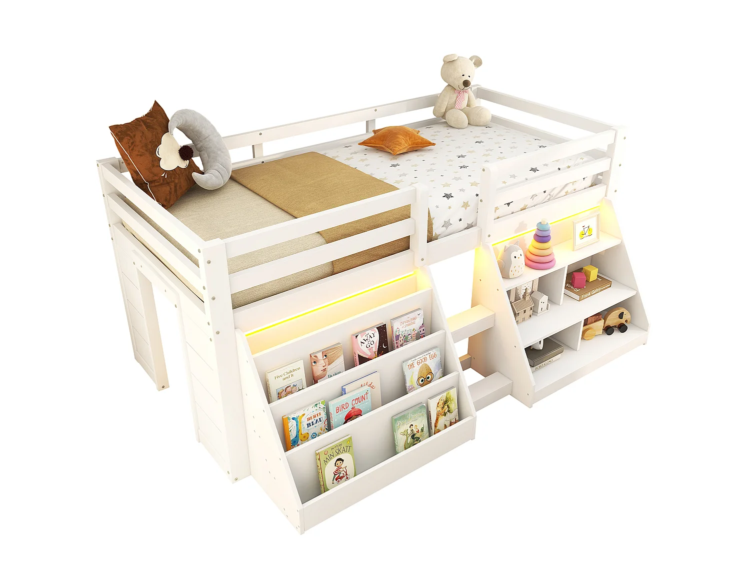 Letto per bambini 90x200 cm - con illuminazione LED - con ripiano di riporre - con barriere + scala - bianco​ (materasso non incluso)