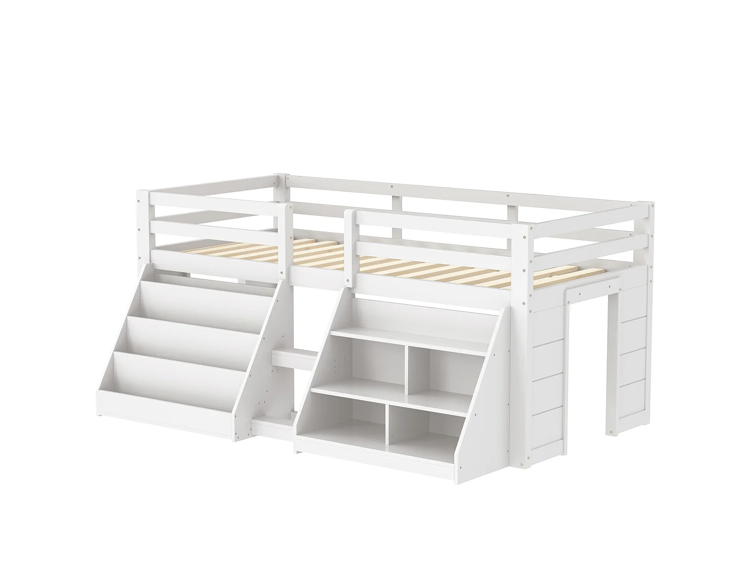 Letto per bambini 90x200 cm - con illuminazione LED - con ripiano di riporre - con barriere + scala - bianco​ (materasso non incluso)