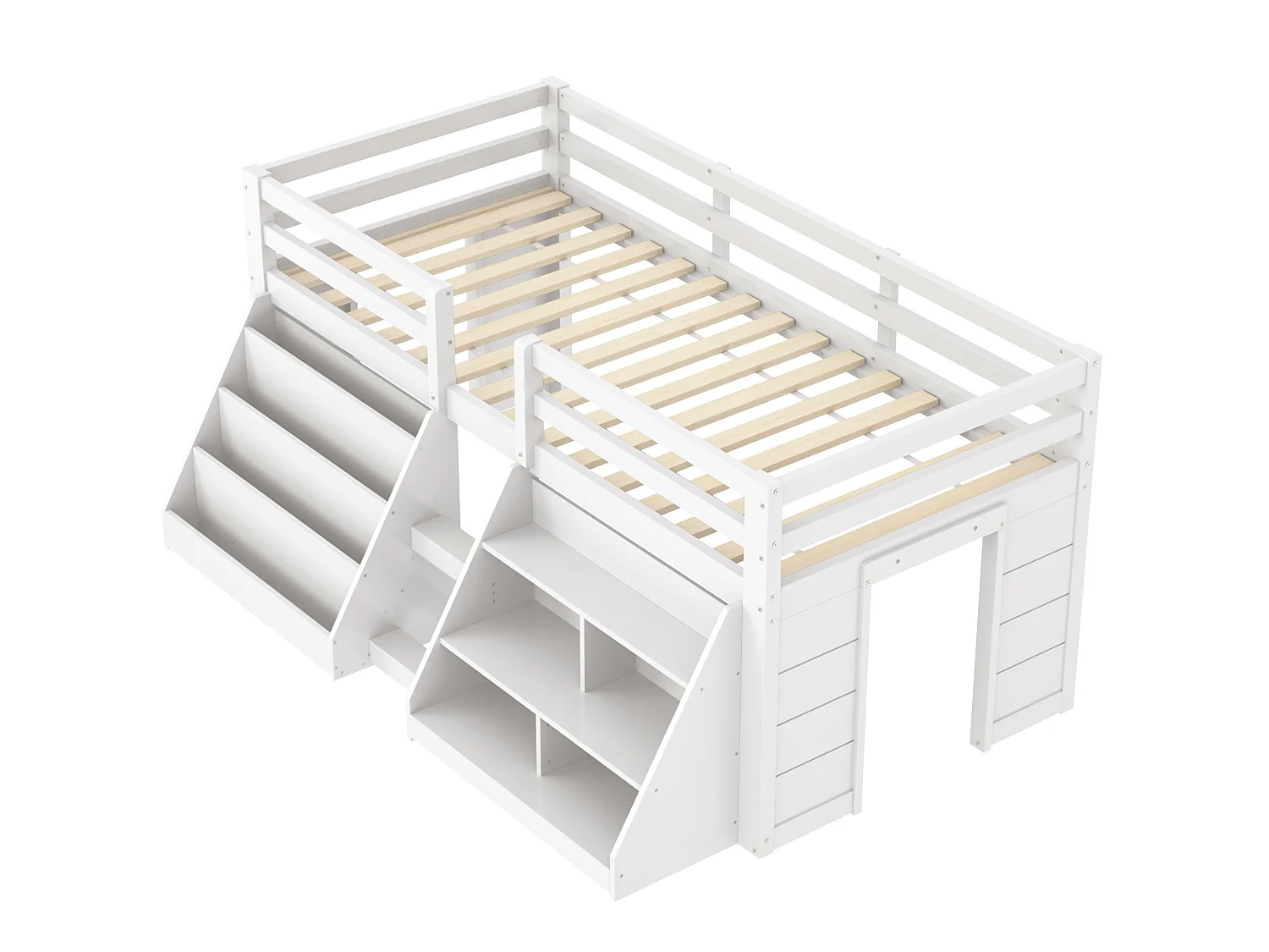 Letto per bambini 90x200 cm - con illuminazione LED - con ripiano di riporre - con barriere + scala - bianco​ (materasso non incluso)