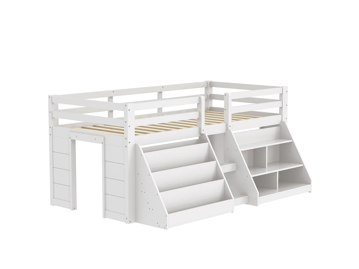 Letto per bambini 90x200 cm - con illuminazione LED - con ripiano di riporre - con barriere + scala - bianco​ (materasso non incluso)