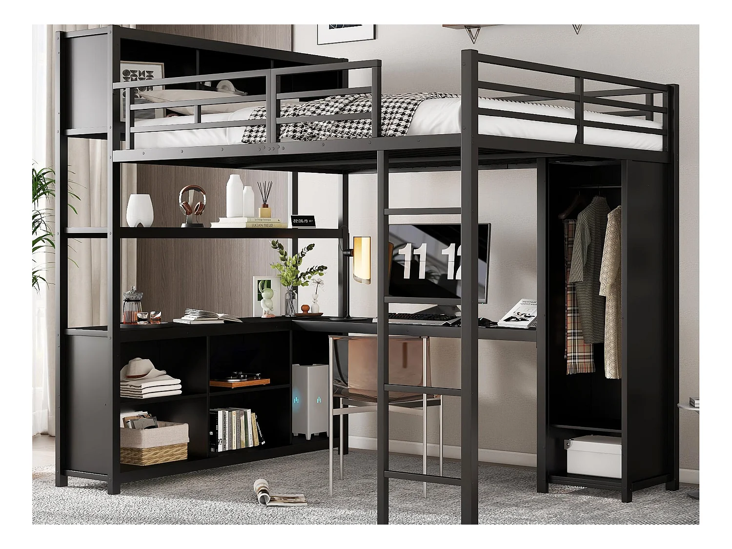 Lit mezzanine 140x200 cm - avec bureau et étagère de rangement - avec garde-robe - avec échelle - Métal + panneaux de particules - Noir