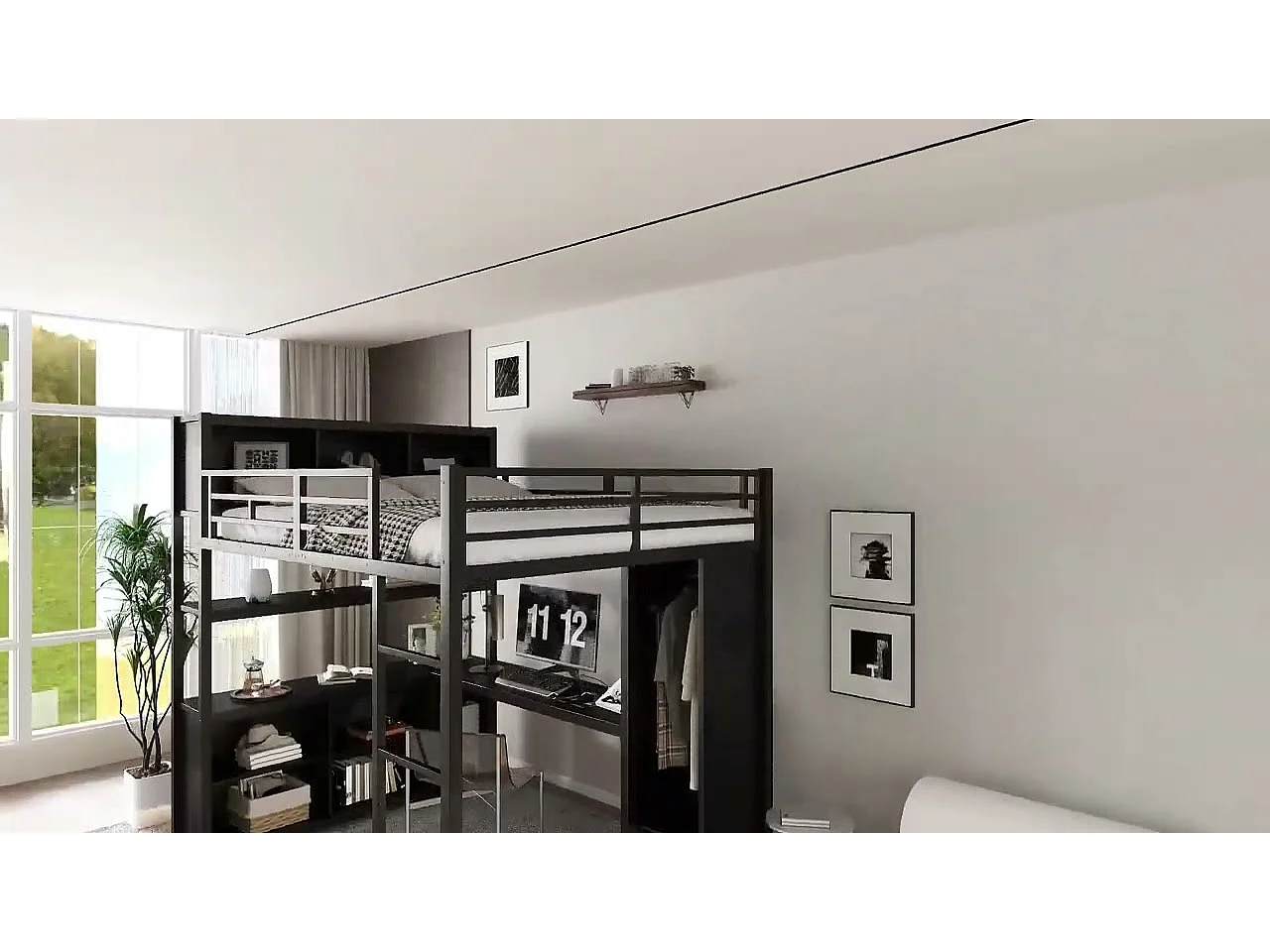 Letto mezzanina 140x200 cm - con scrivania e ripiano di archiviazione - con guardaroba - con scala - Metallo + pannelli di particelle - Nero