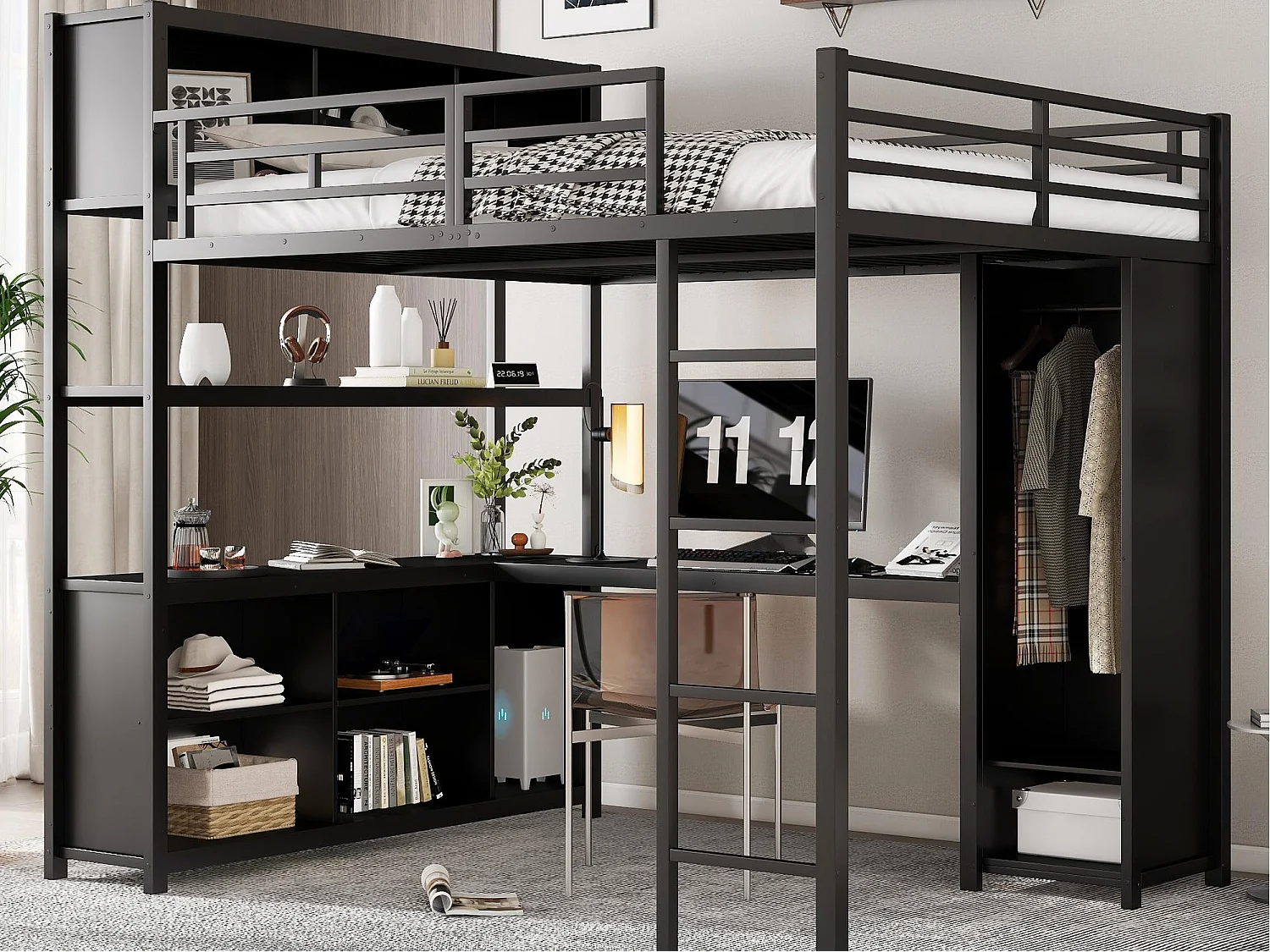 Letto mezzanina 140x200 cm - con scrivania e ripiano di archiviazione - con guardaroba - con scala - Metallo + pannelli di particelle - Nero