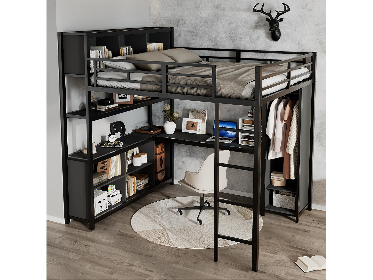 Letto mezzanina 140x200 cm - con scrivania e ripiano di archiviazione - con guardaroba - con scala - Metallo + pannelli di particelle - Nero