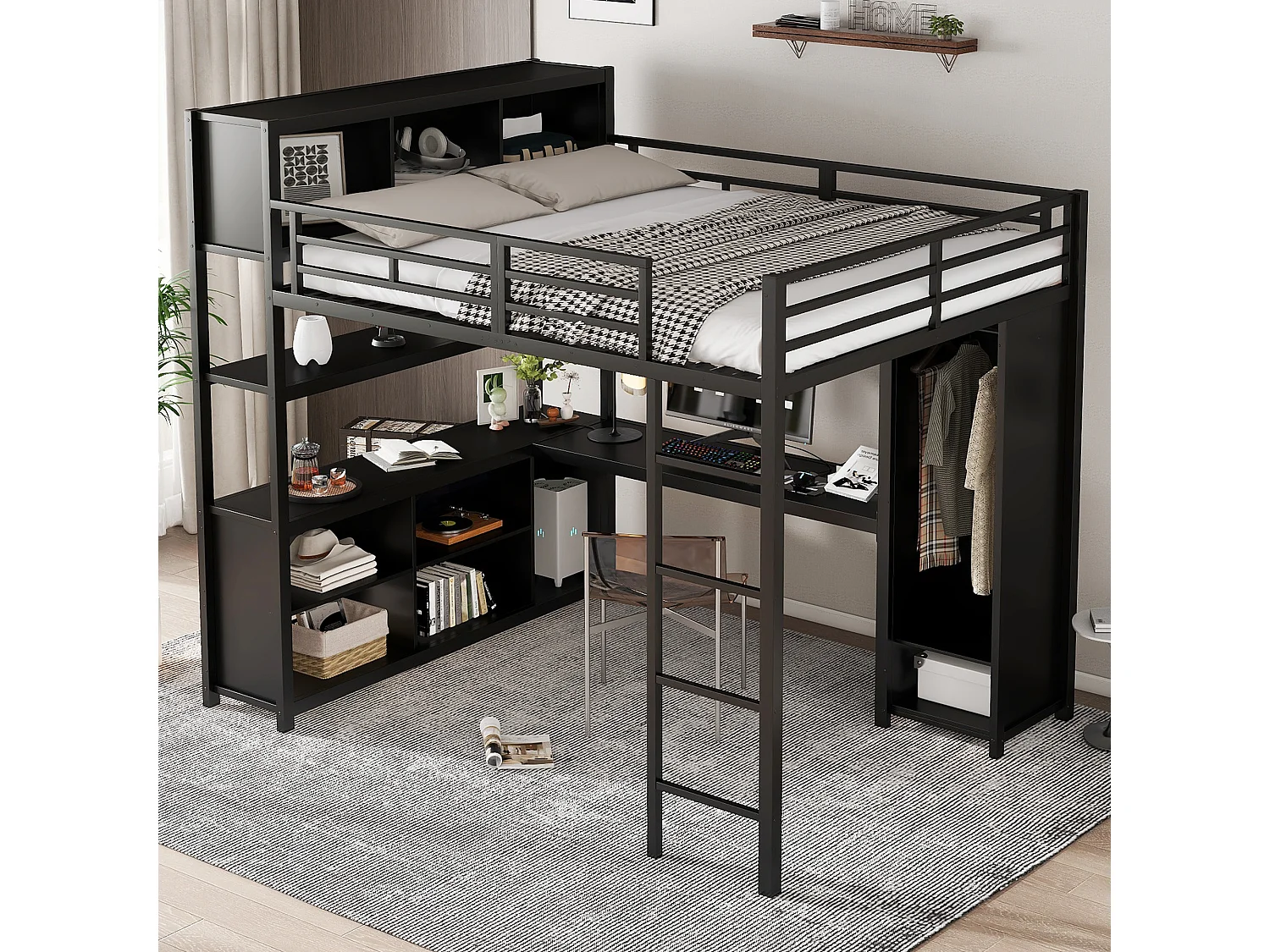 Letto mezzanina 140x200 cm - con scrivania e ripiano di archiviazione - con guardaroba - con scala - Metallo + pannelli di particelle - Nero