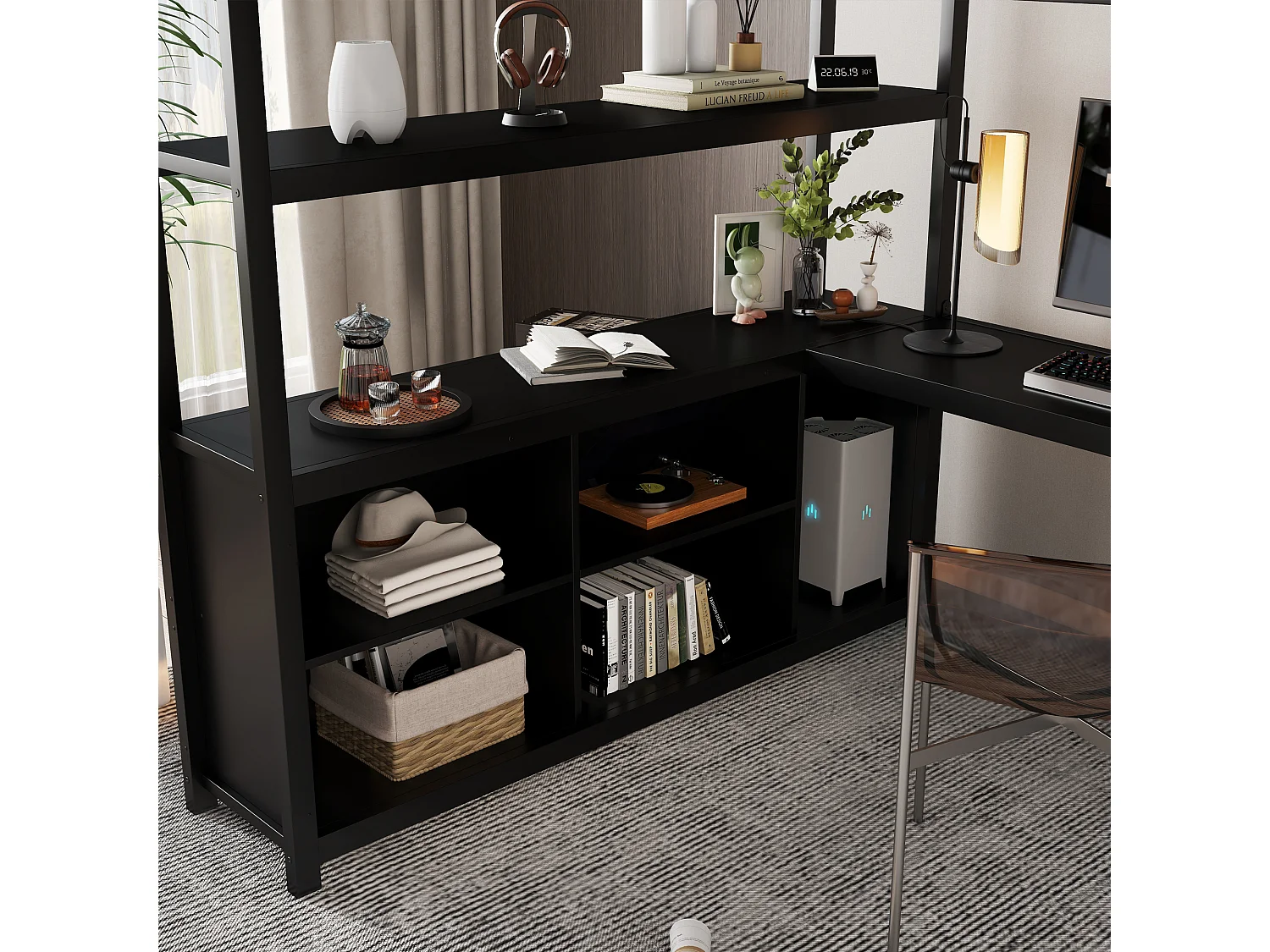 Letto mezzanina 140x200 cm - con scrivania e ripiano di archiviazione - con guardaroba - con scala - Metallo + pannelli di particelle - Nero