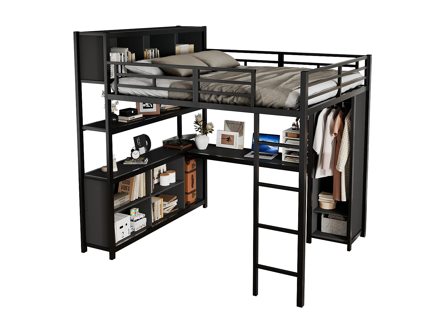 Letto mezzanina 140x200 cm - con scrivania e ripiano di archiviazione - con guardaroba - con scala - Metallo + pannelli di particelle - Nero