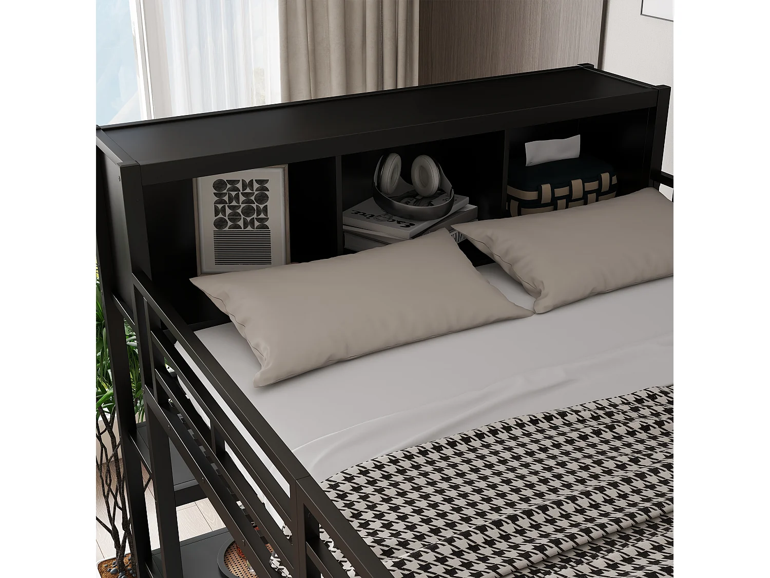 Letto mezzanina 140x200 cm - con scrivania e ripiano di archiviazione - con guardaroba - con scala - Metallo + pannelli di particelle - Nero