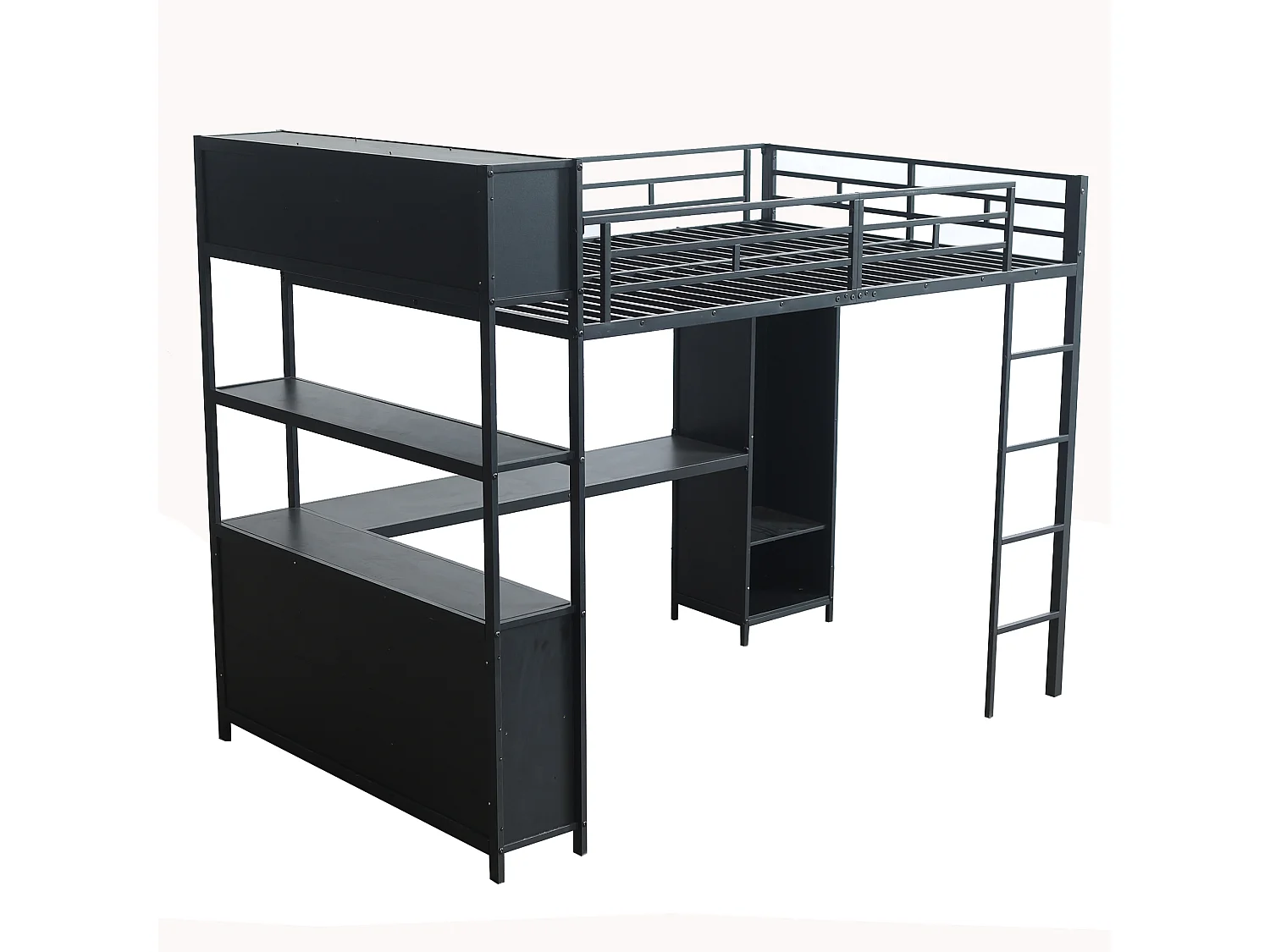 Letto mezzanina 140x200 cm - con scrivania e ripiano di archiviazione - con guardaroba - con scala - Metallo + pannelli di particelle - Nero