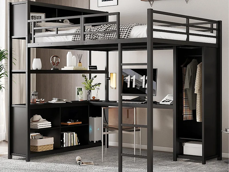 Lit mezzanine 140x200 cm - avec bureau et étagère de rangement - avec garde-robe - avec échelle - Métal + panneaux de particules - Noir