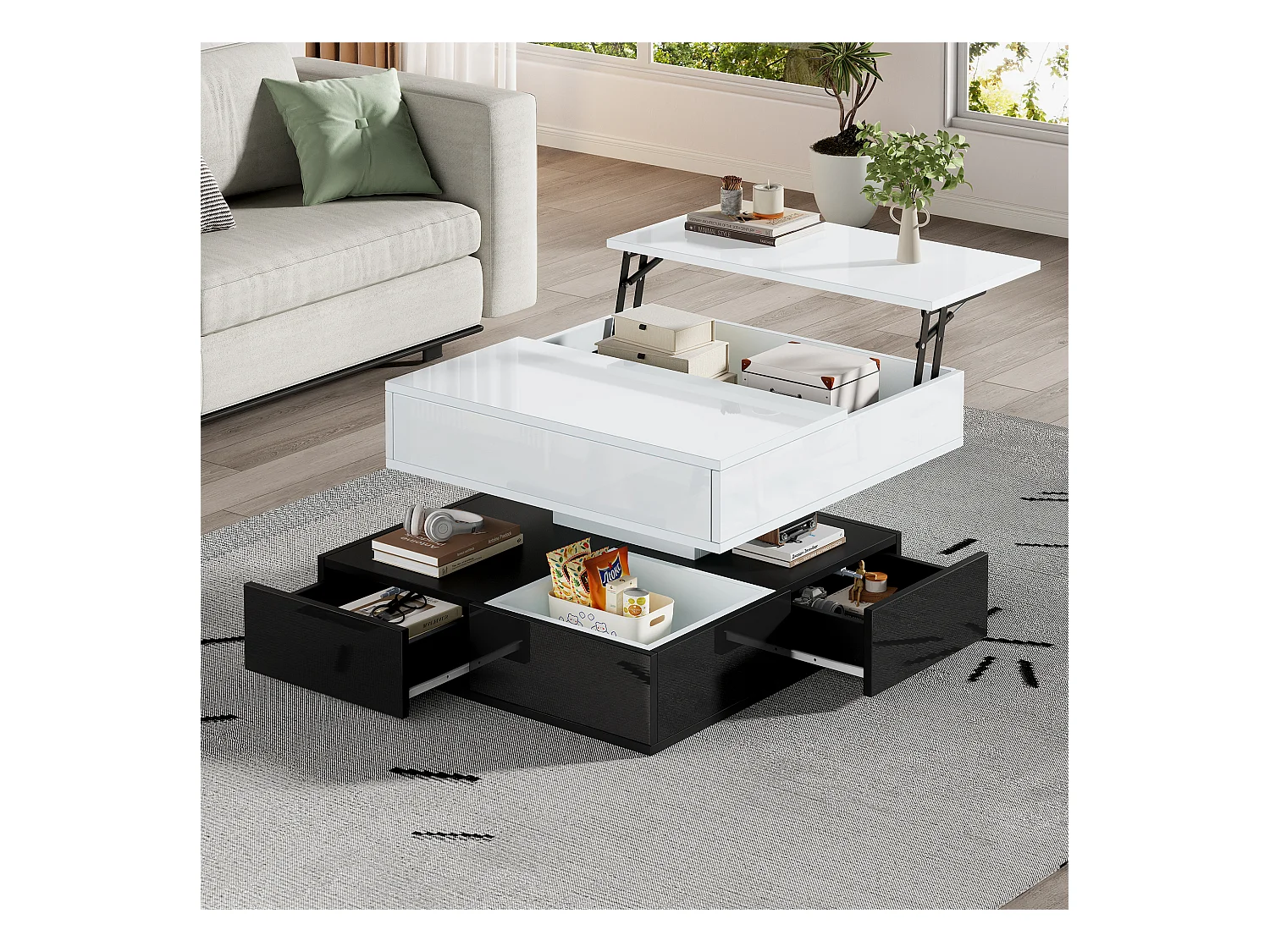 Höhenverstellbarer Couchtisch 70x70x40 cm - 360° drehbare Platte - mit 3 Schubladen - Hochglanzfinish - Weiß + Schwarz