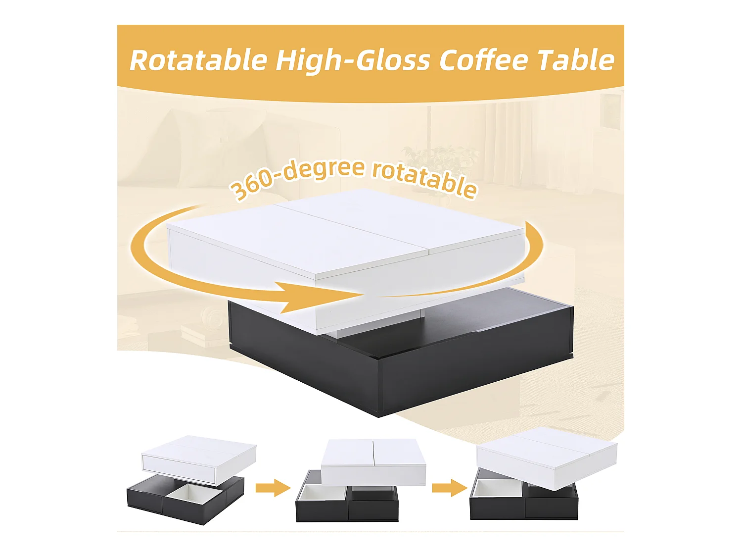 Höhenverstellbarer Couchtisch 70x70x40 cm - 360° drehbare Platte - mit 3 Schubladen - Hochglanzfinish - Weiß + Schwarz