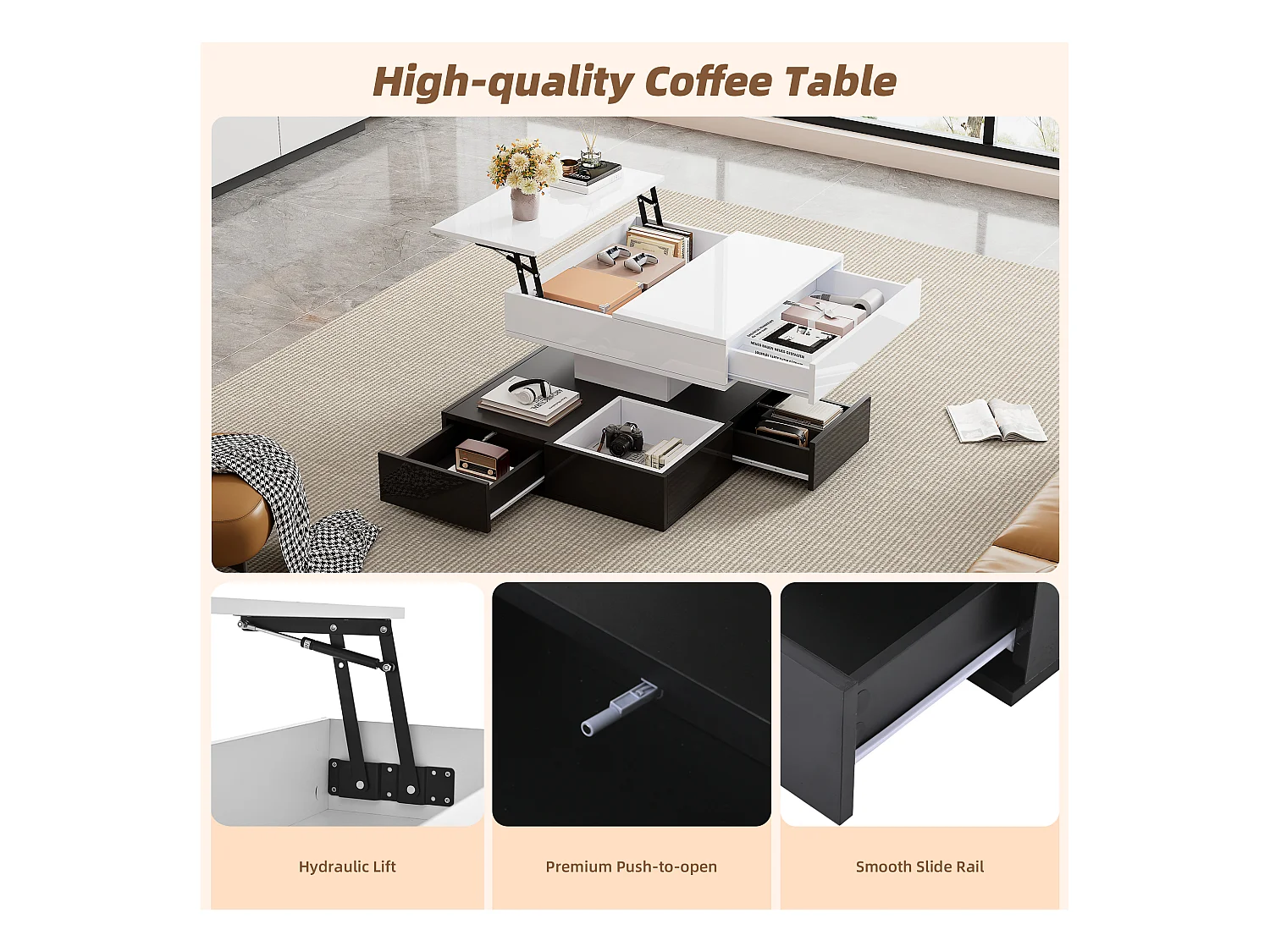 Höhenverstellbarer Couchtisch 70x70x40 cm - 360° drehbare Platte - mit 3 Schubladen - Hochglanzfinish - Weiß + Schwarz