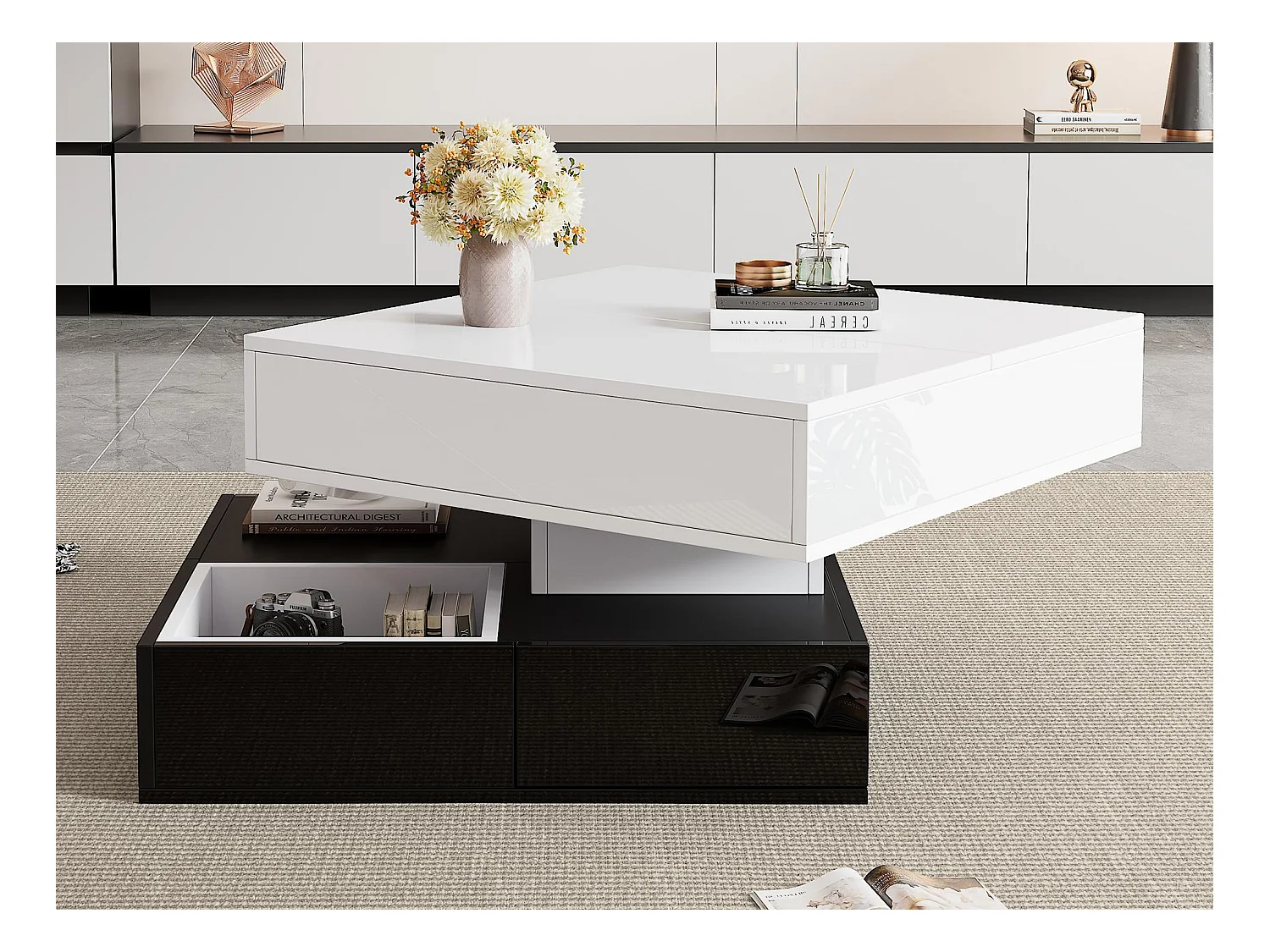 Table basse relevable 70x70x40 cm - plateau rotatif à 360° - avec 3 tiroirs - finition brillante - Blanc + Noir