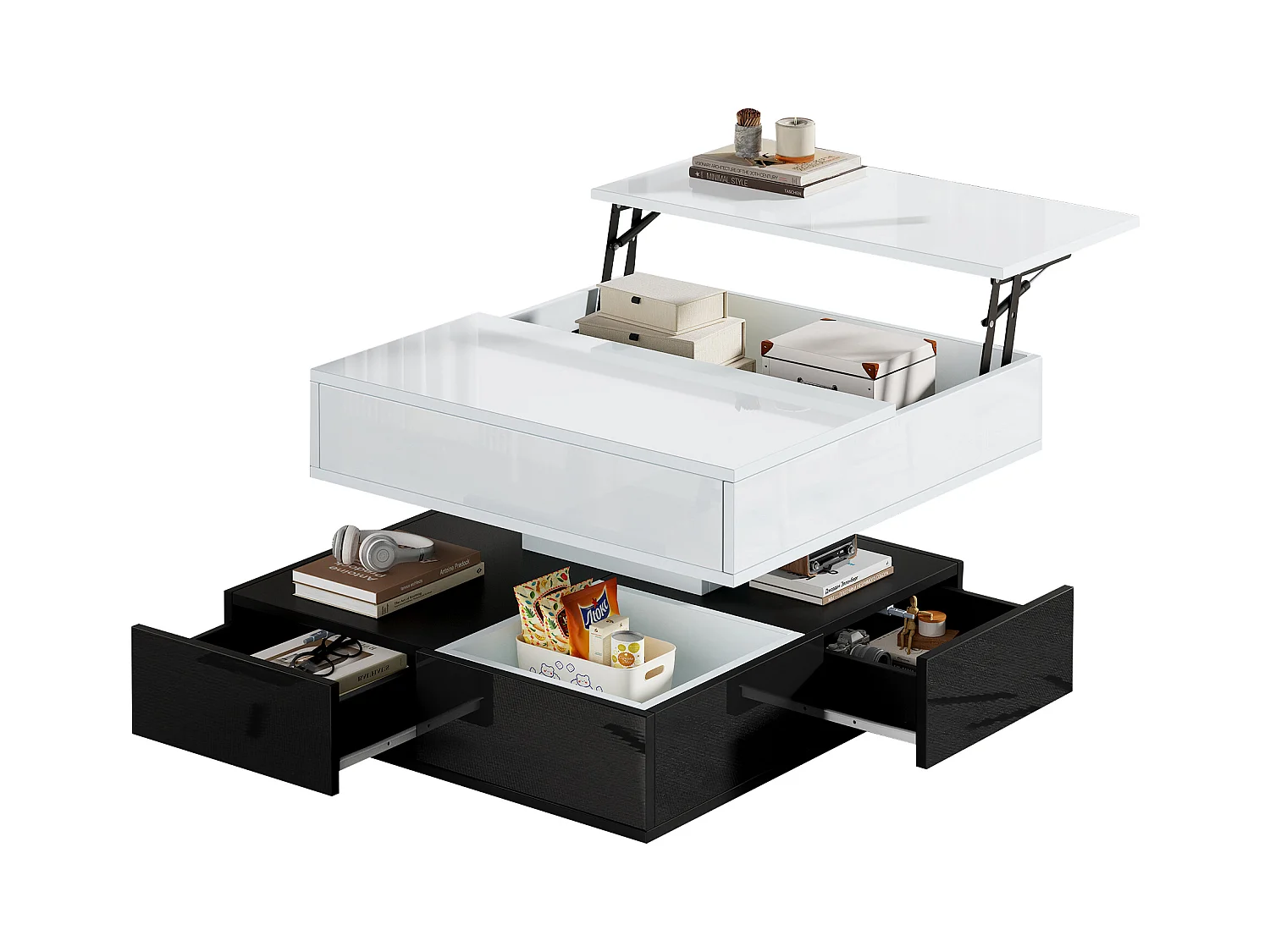 Mesa de centro elevable 70x70x40 cm - tablero giratorio 360° - con 3 cajones - acabado brillante - Blanco + Negro