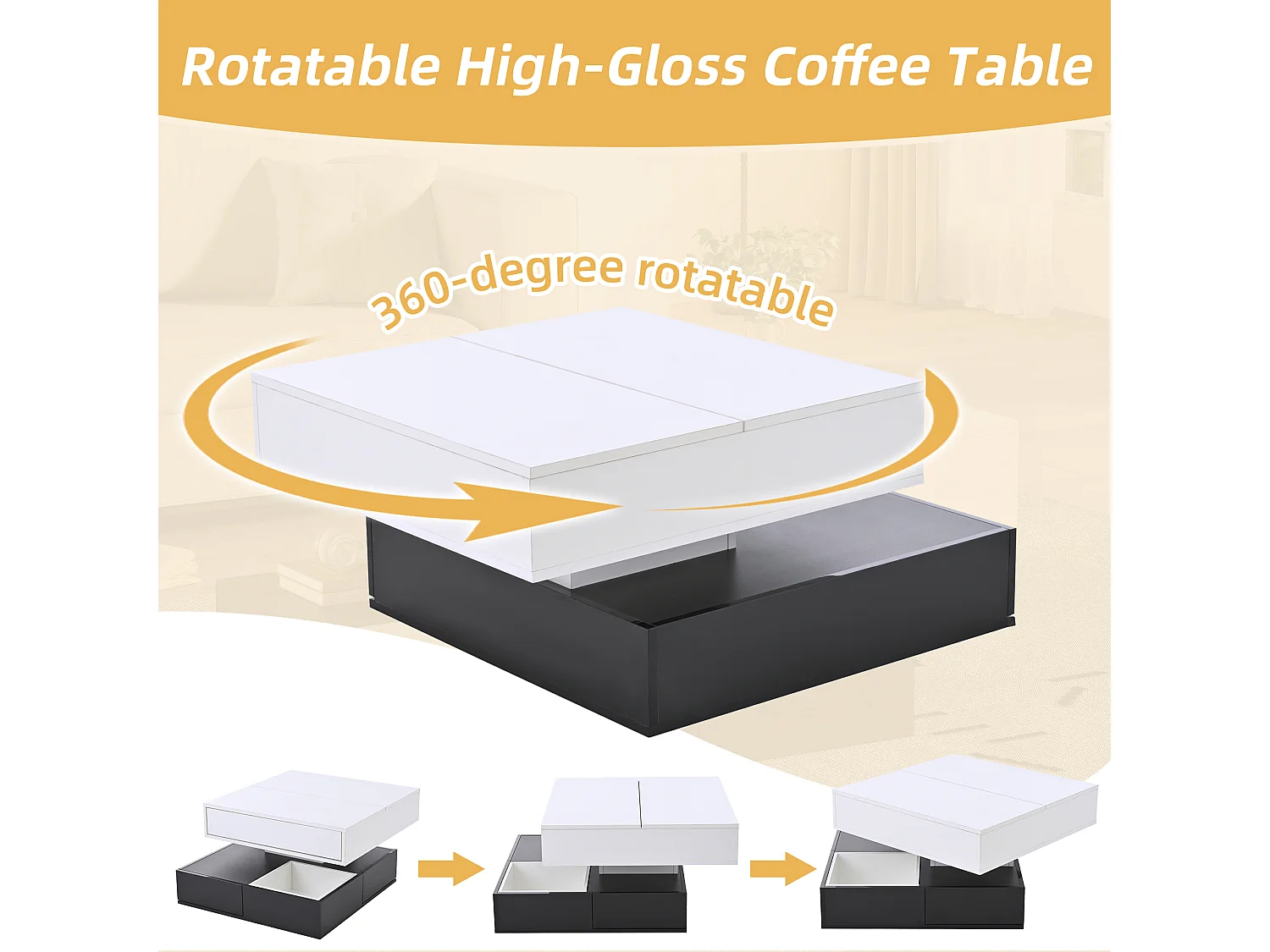 Mesa de centro elevable 70x70x40 cm - tablero giratorio 360° - con 3 cajones - acabado brillante - Blanco + Negro