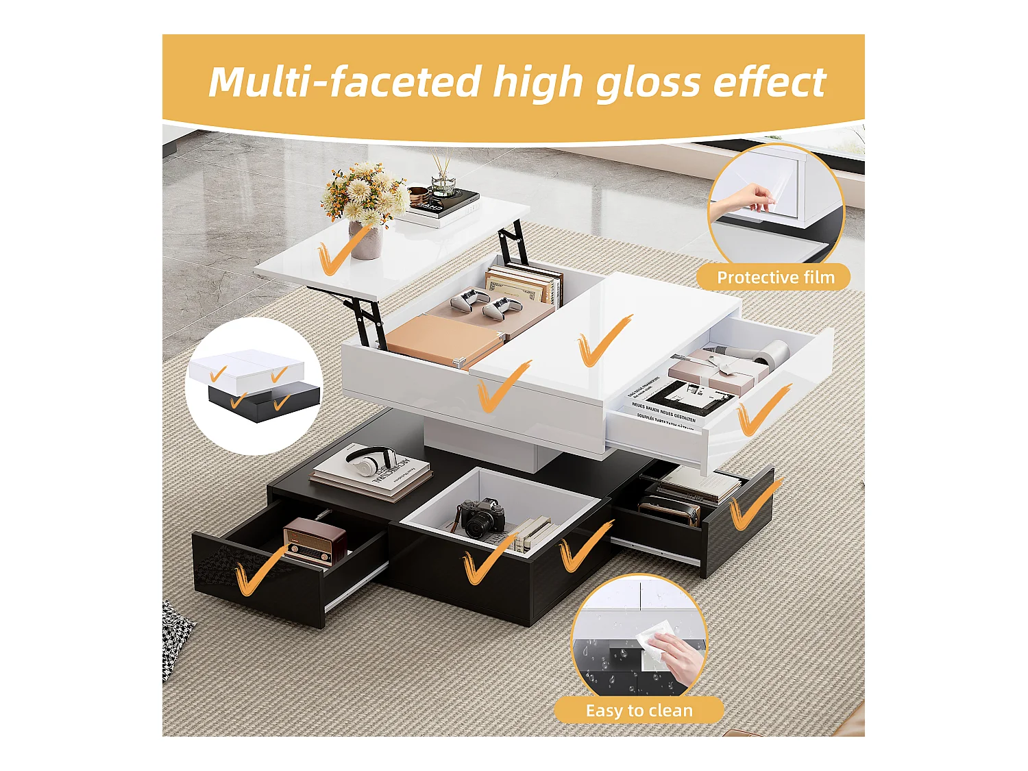 Mesa de centro elevable 70x70x40 cm - tablero giratorio 360° - con 3 cajones - acabado brillante - Blanco + Negro