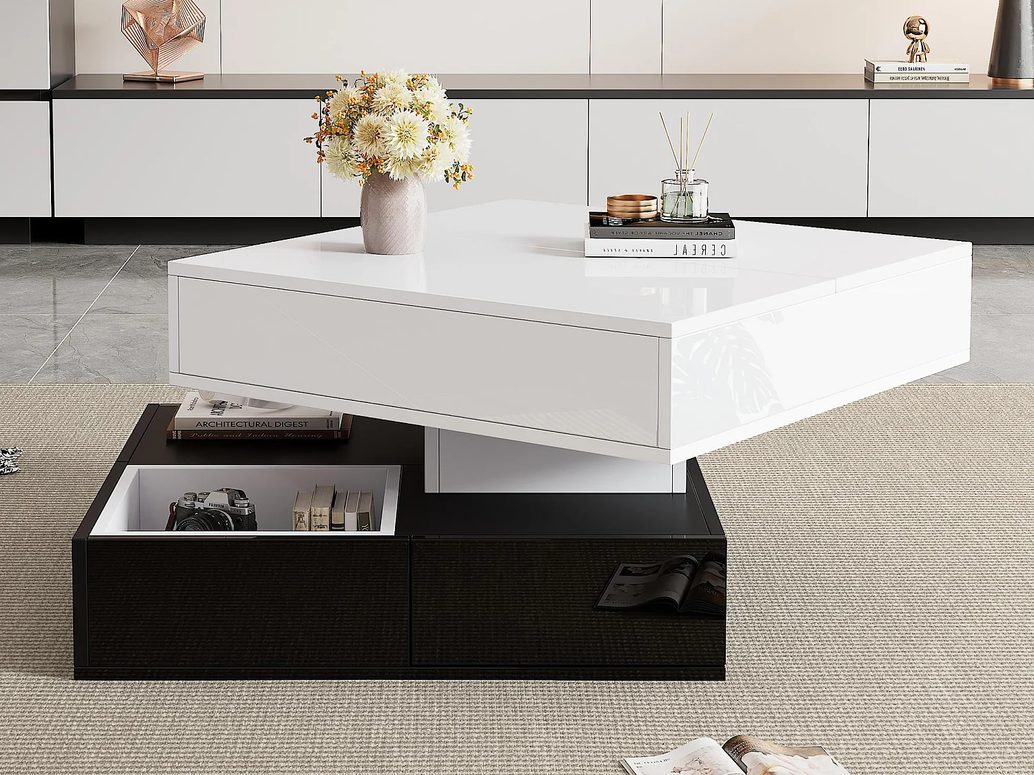 Table basse relevable 70x70x40 cm - plateau rotatif à 360° - avec 3 tiroirs - finition brillante - Blanc + Noir