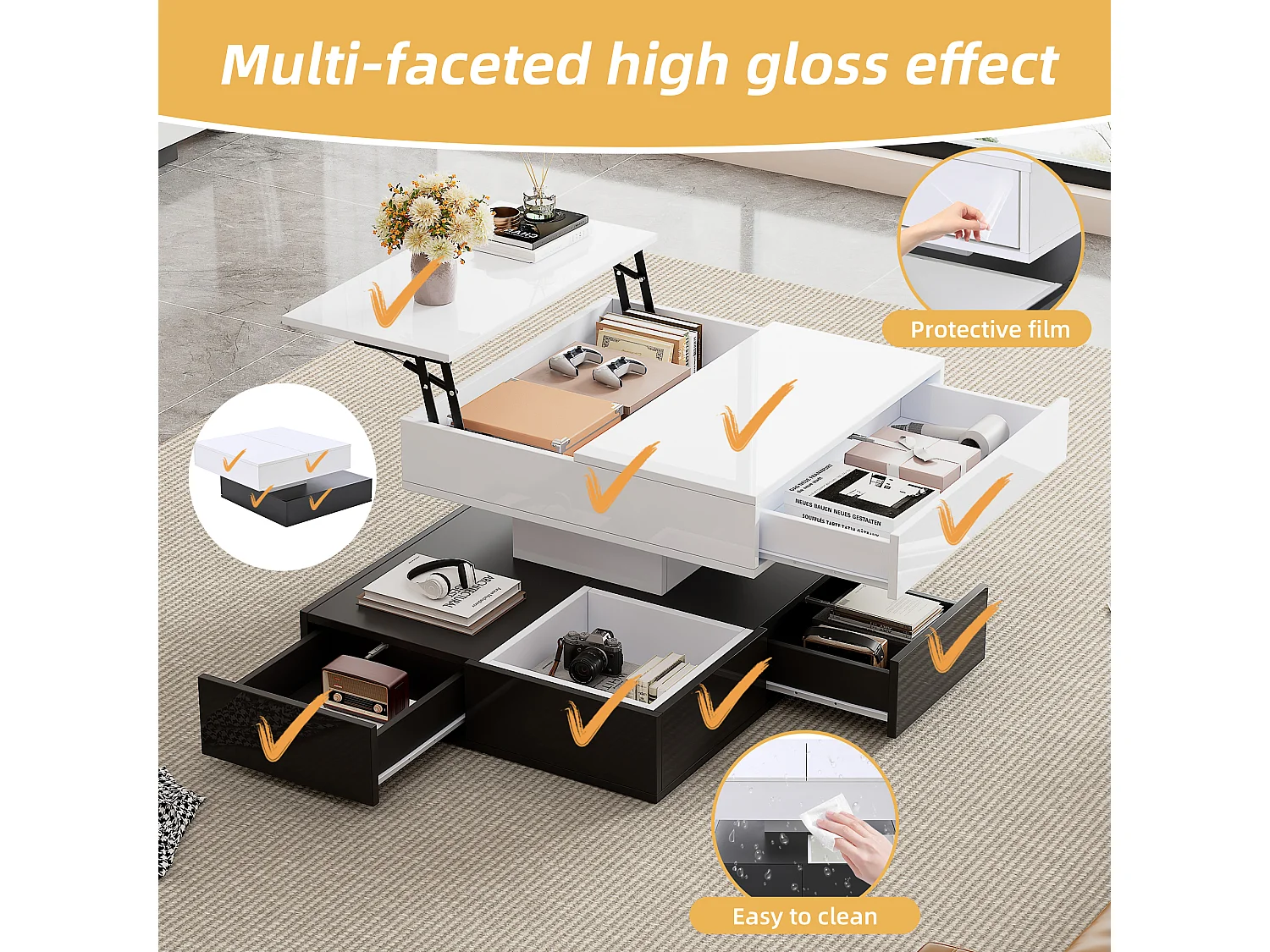 Table basse relevable 70x70x40 cm - plateau rotatif à 360° - avec 3 tiroirs - finition brillante - Blanc + Noir