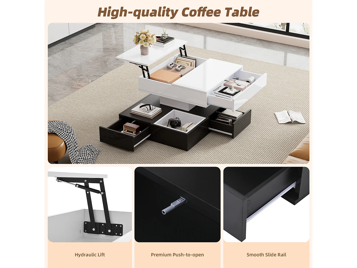 Table basse relevable 70x70x40 cm - plateau rotatif à 360° - avec 3 tiroirs - finition brillante - Blanc + Noir