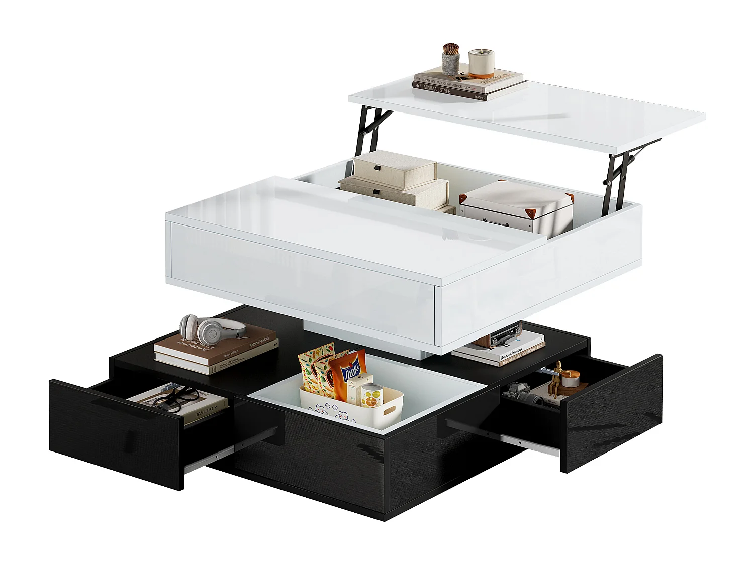 Table basse relevable 70x70x40 cm - plateau rotatif à 360° - avec 3 tiroirs - finition brillante - Blanc + Noir