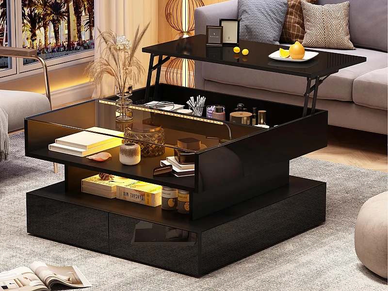 Höhenverstellbarer Couchtisch 80x80x45 cm - 2 Schubladen - mit LED - Hochglanzfinish - Sicherheitsglas - Schwarz