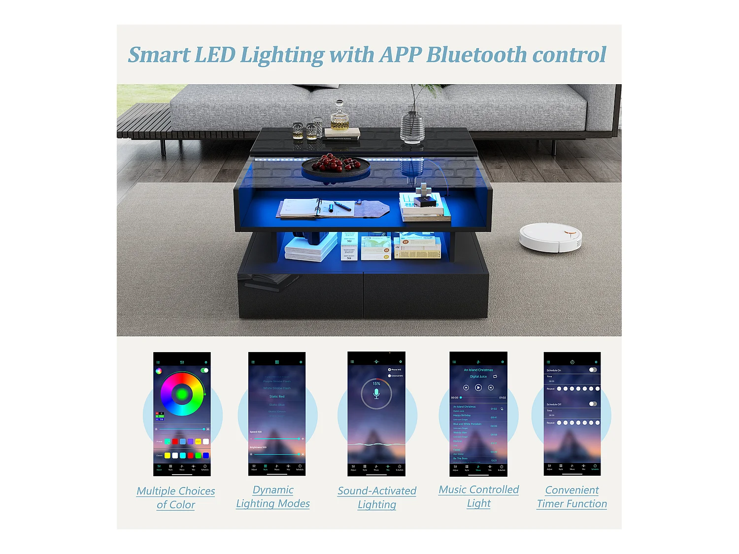 Verstelbare salontafel 80x80x45 cm - 2 lades - met LED - Glanzende afwerking - Gehard glas - Zwart