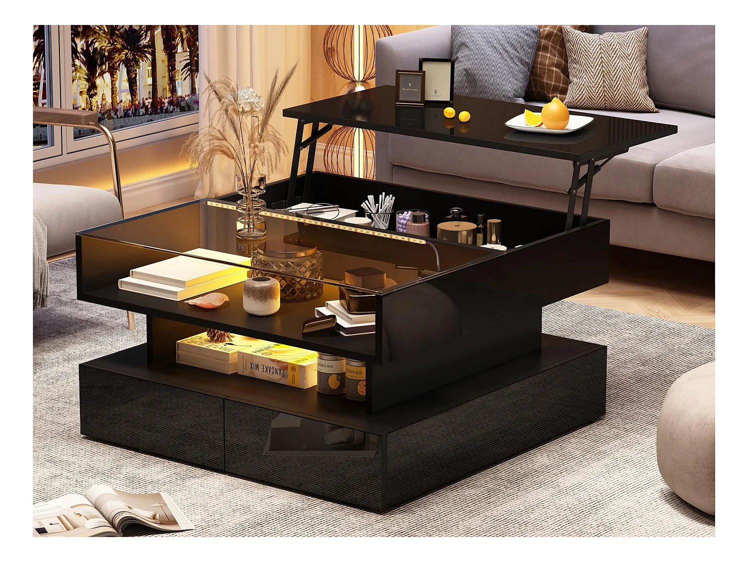 Table basse relevable 80x80x45 cm - 2 tiroirs - avec LED - Finition brillante - Verre trempé - Noir