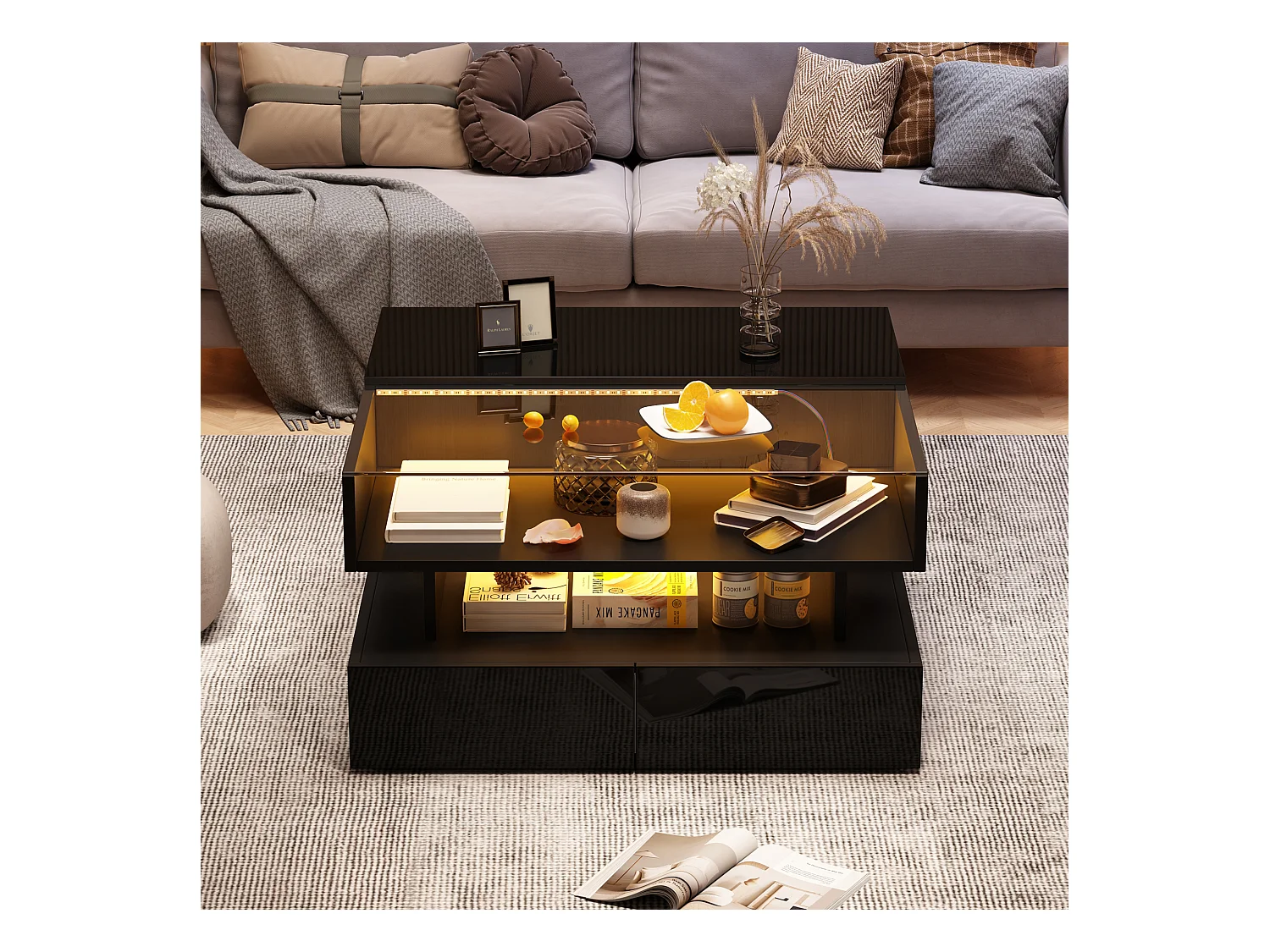 Höhenverstellbarer Couchtisch 80x80x45 cm - 2 Schubladen - mit LED - Hochglanzfinish - Sicherheitsglas - Schwarz