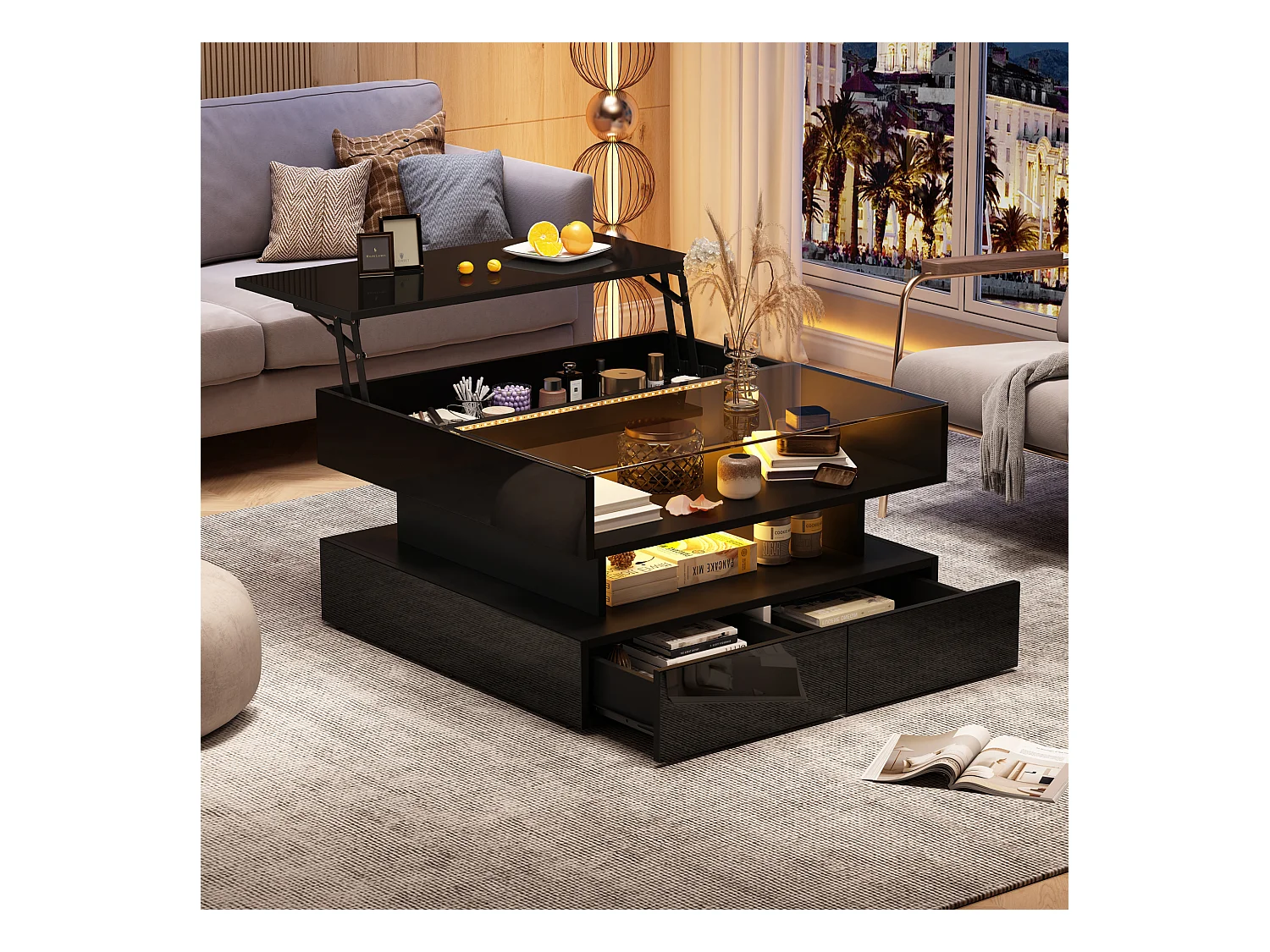 Höhenverstellbarer Couchtisch 80x80x45 cm - 2 Schubladen - mit LED - Hochglanzfinish - Sicherheitsglas - Schwarz