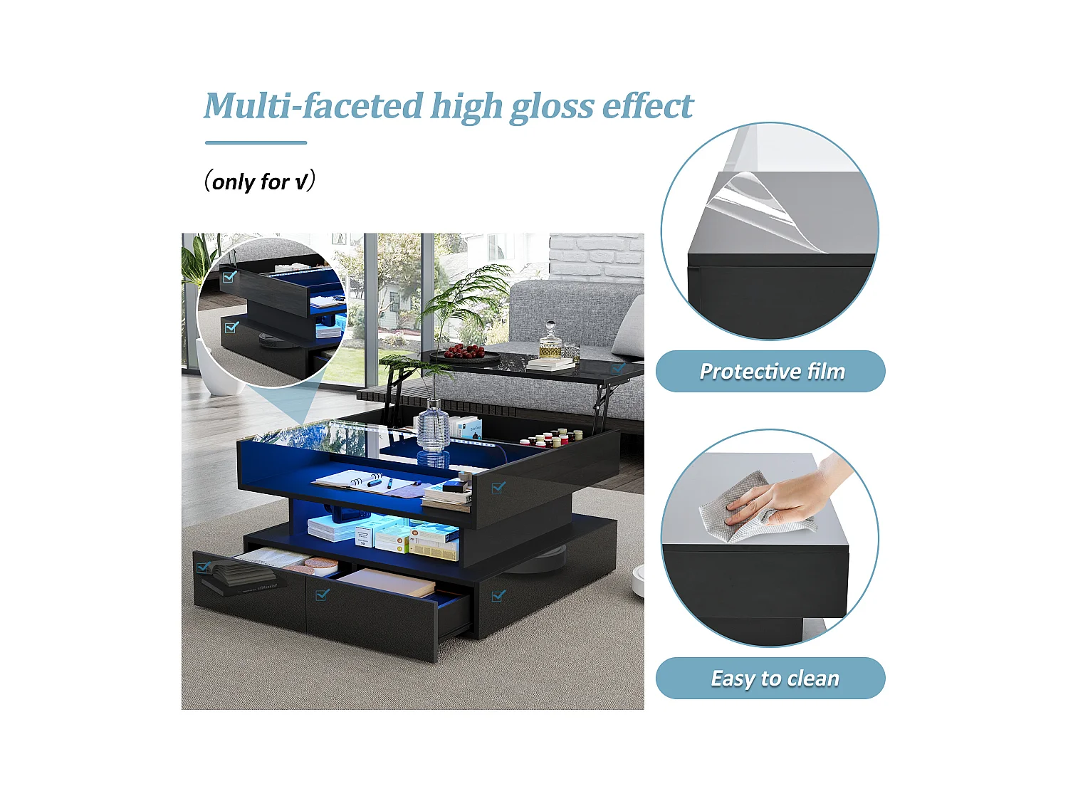 Höhenverstellbarer Couchtisch 80x80x45 cm - 2 Schubladen - mit LED - Hochglanzfinish - Sicherheitsglas - Schwarz